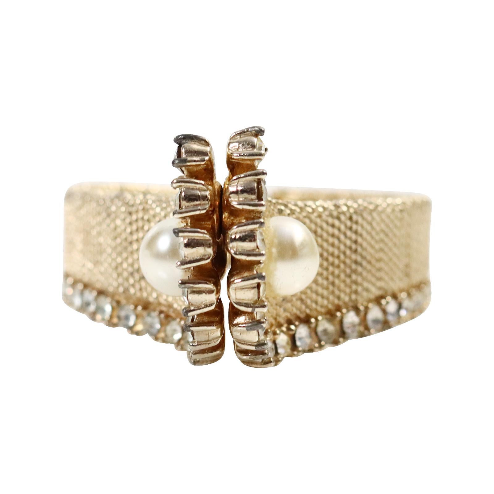 Modern Vintage Marvella Gold Tone with Diamante and Faux Pearl Cuff Circa 1960s For Sale