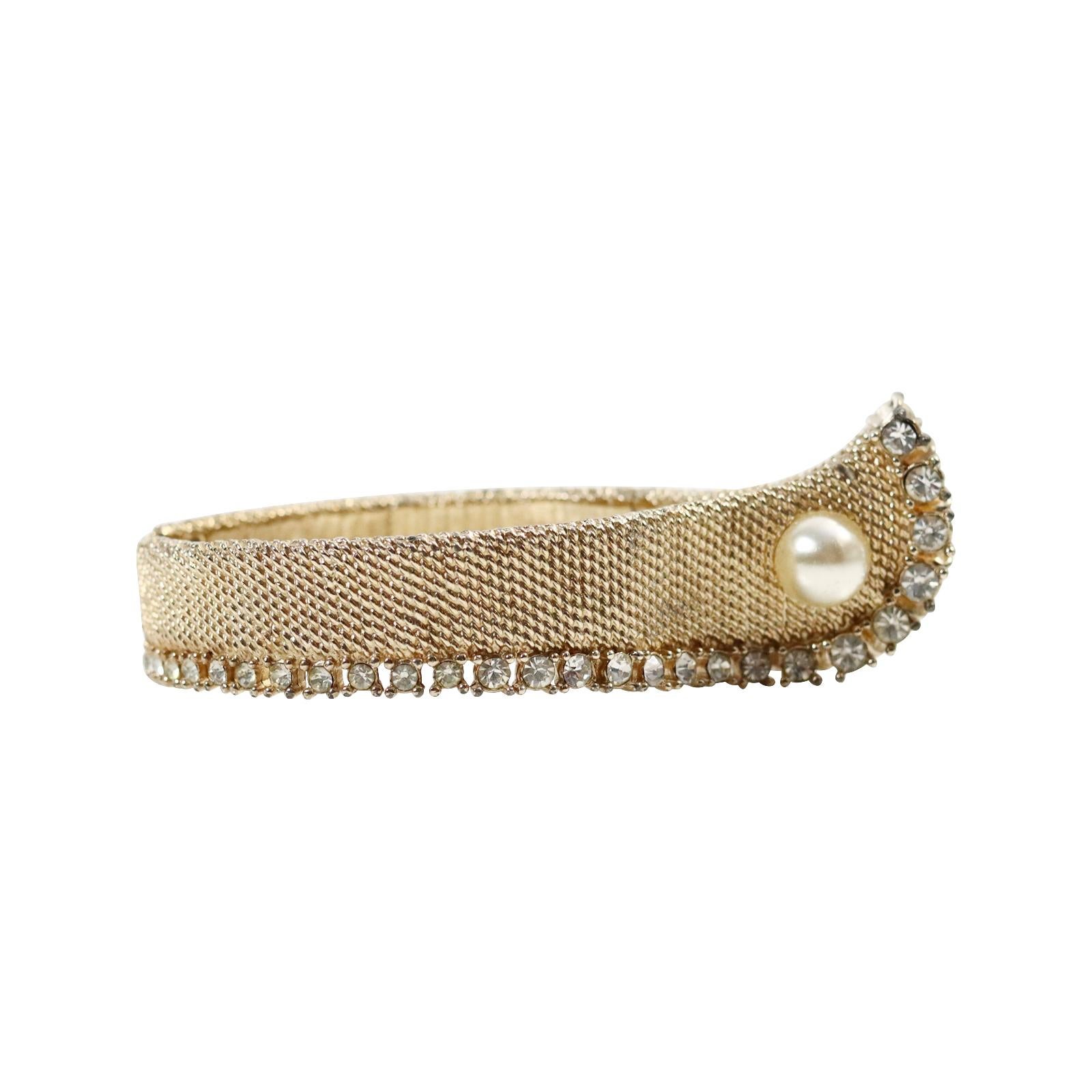Women's or Men's Vintage Marvella Gold Tone with Diamante and Faux Pearl Cuff Circa 1960s For Sale