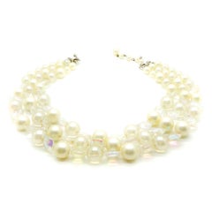Vintage Marvella Pearl & Crystal Triple Row Necklace 1960s