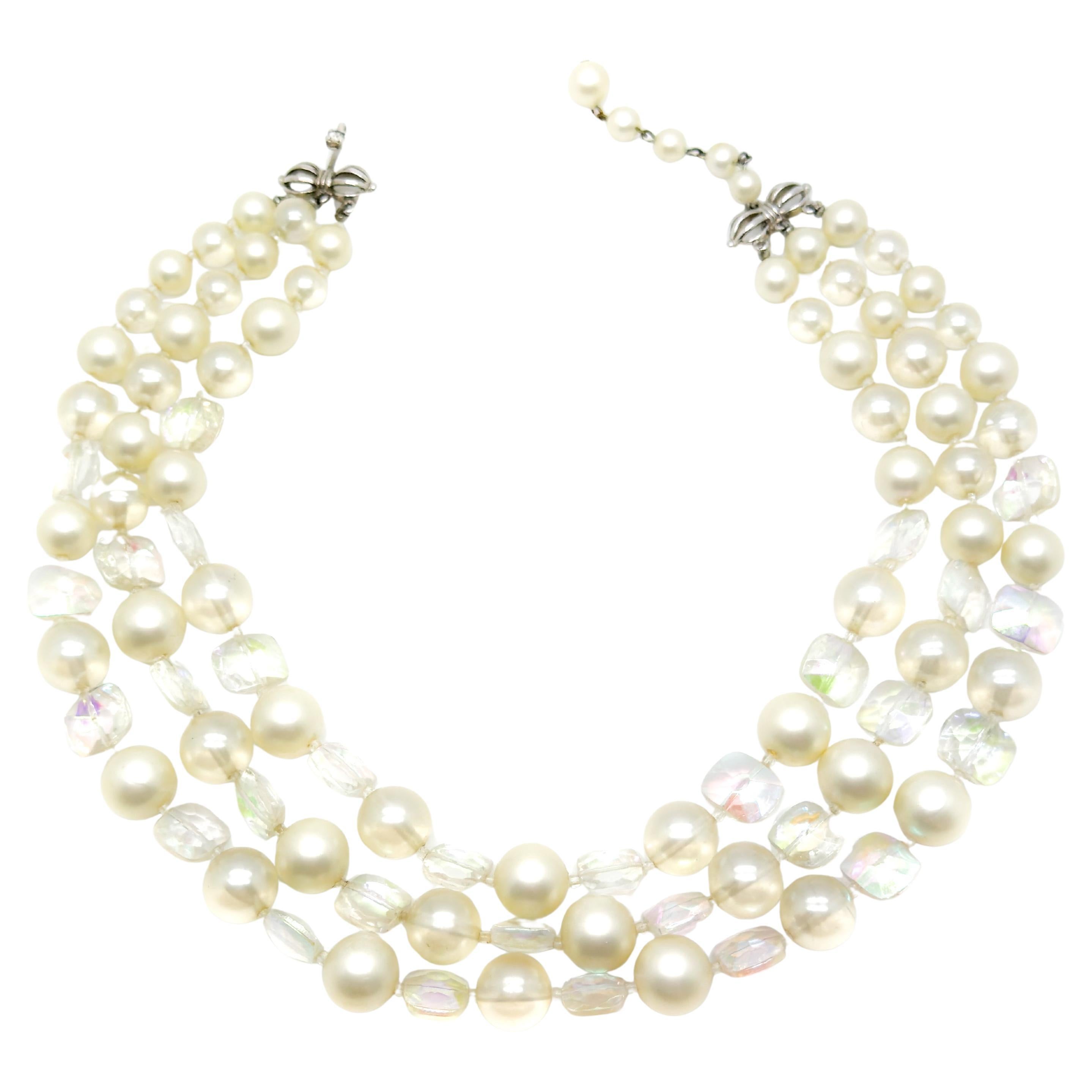 Vintage Marvella Pearl 
Crystal Triple Row Necklace 1960s