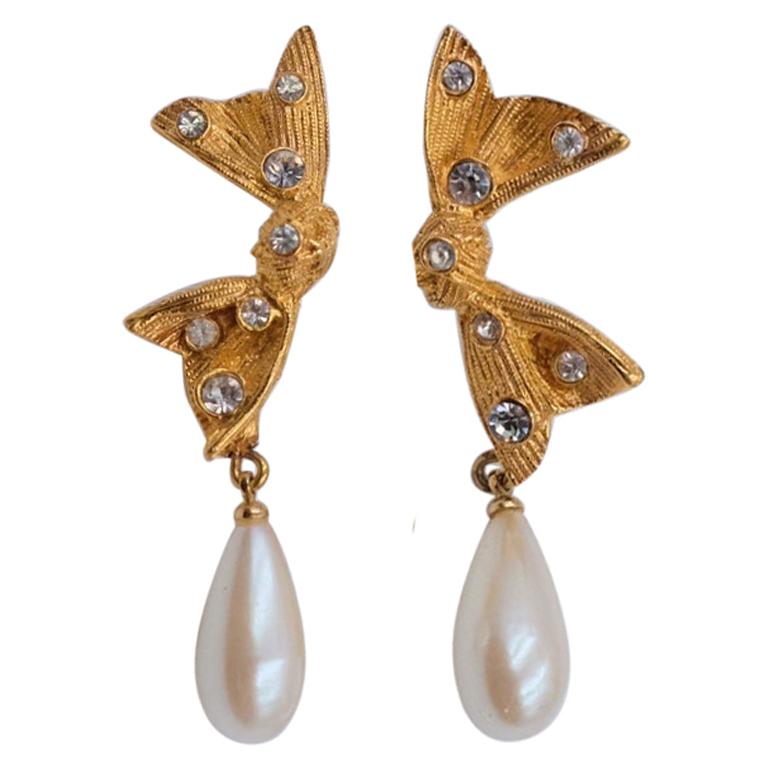 Vintage Marvella Pierced Earrings With Rhinestones And Faux Pearls 1930's For Sale
