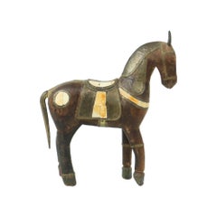 Vintage Marwari Horse Carved Wood Inlaid with Bone and Copper 26cm
