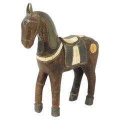 Vintage Marwari Horse Carved Wood Inlaid with Bone and Copper 26cm