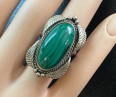 Vintage Mary Honanie Ring 14K Gold Green Malachite Native American Indian Silver