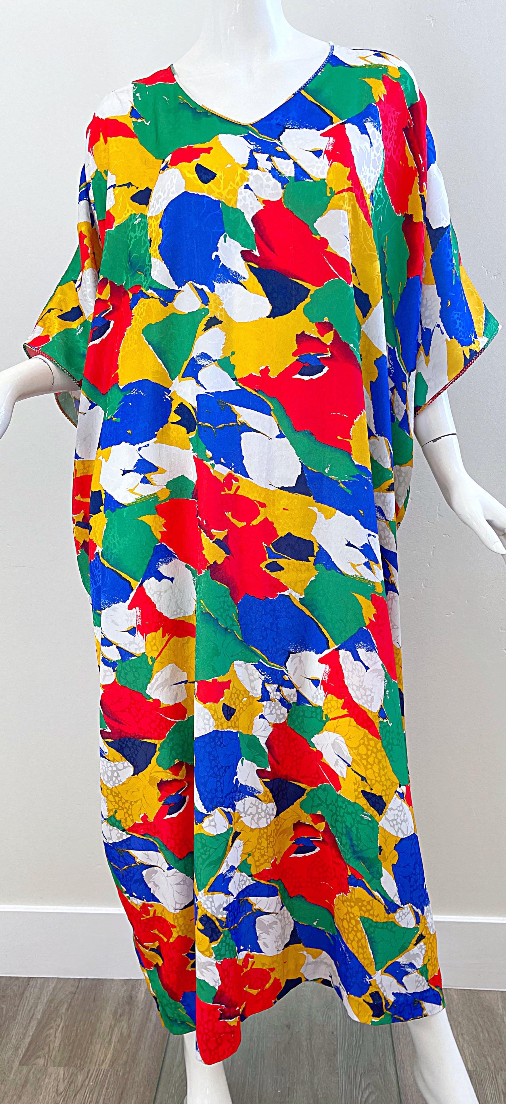 Vintage Mary McFadden Abstract Print Colorful Caftan Kafka Maxi Dress 2