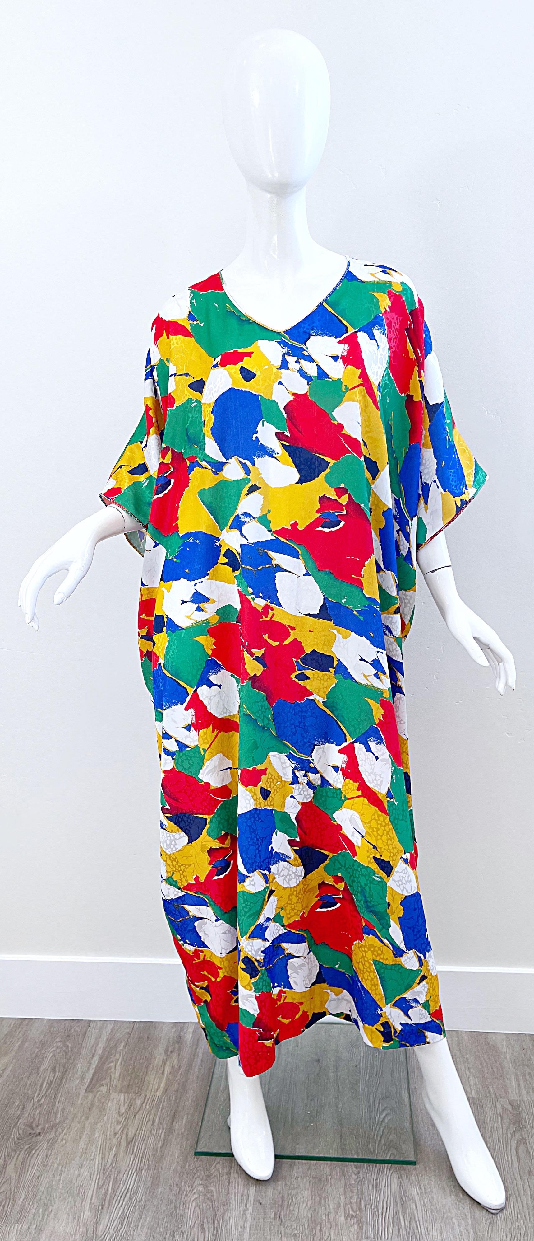 Vintage Mary McFadden Abstract Print Colorful Caftan Kafka Maxi Dress 8