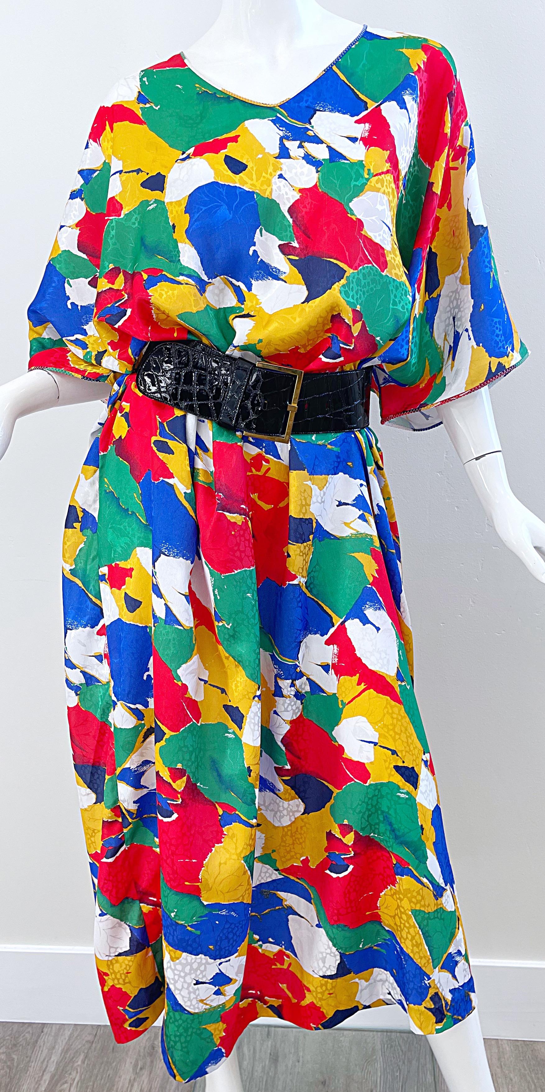 Beige Vintage Mary McFadden Abstract Print Colorful Caftan Kafka Maxi Dress