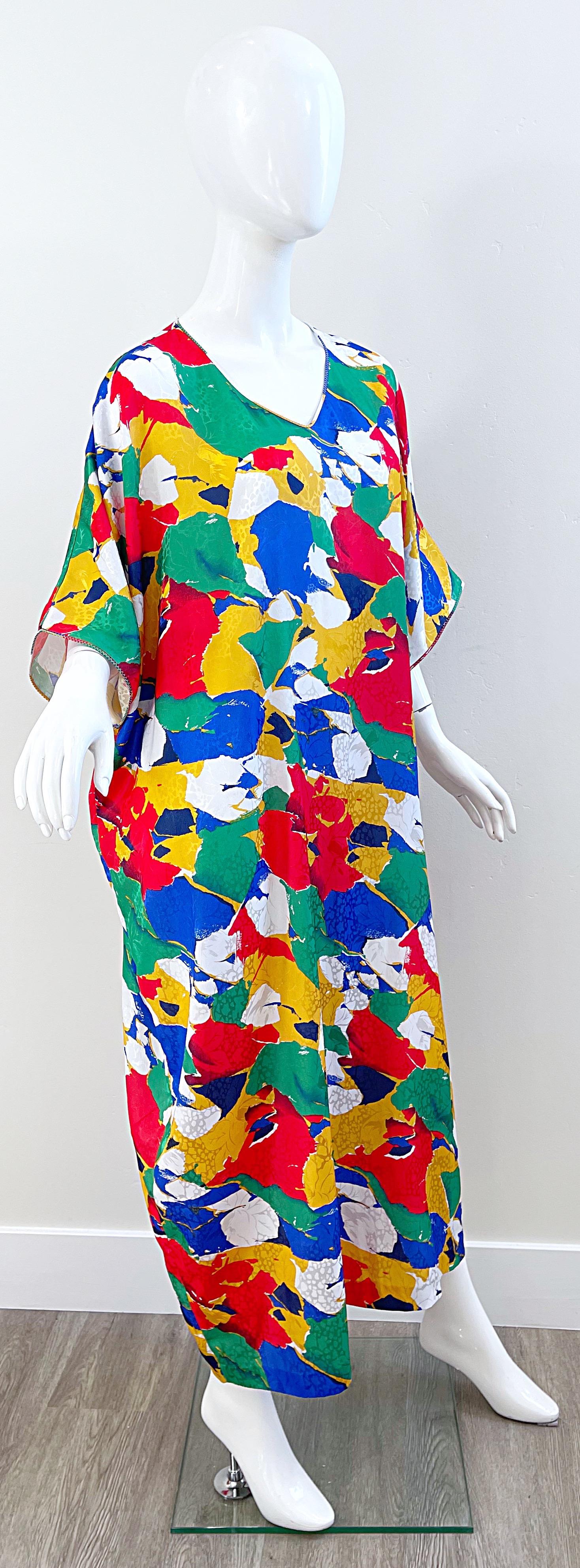 Vintage Mary McFadden Abstract Print Colorful Caftan Kafka Maxi Dress 1