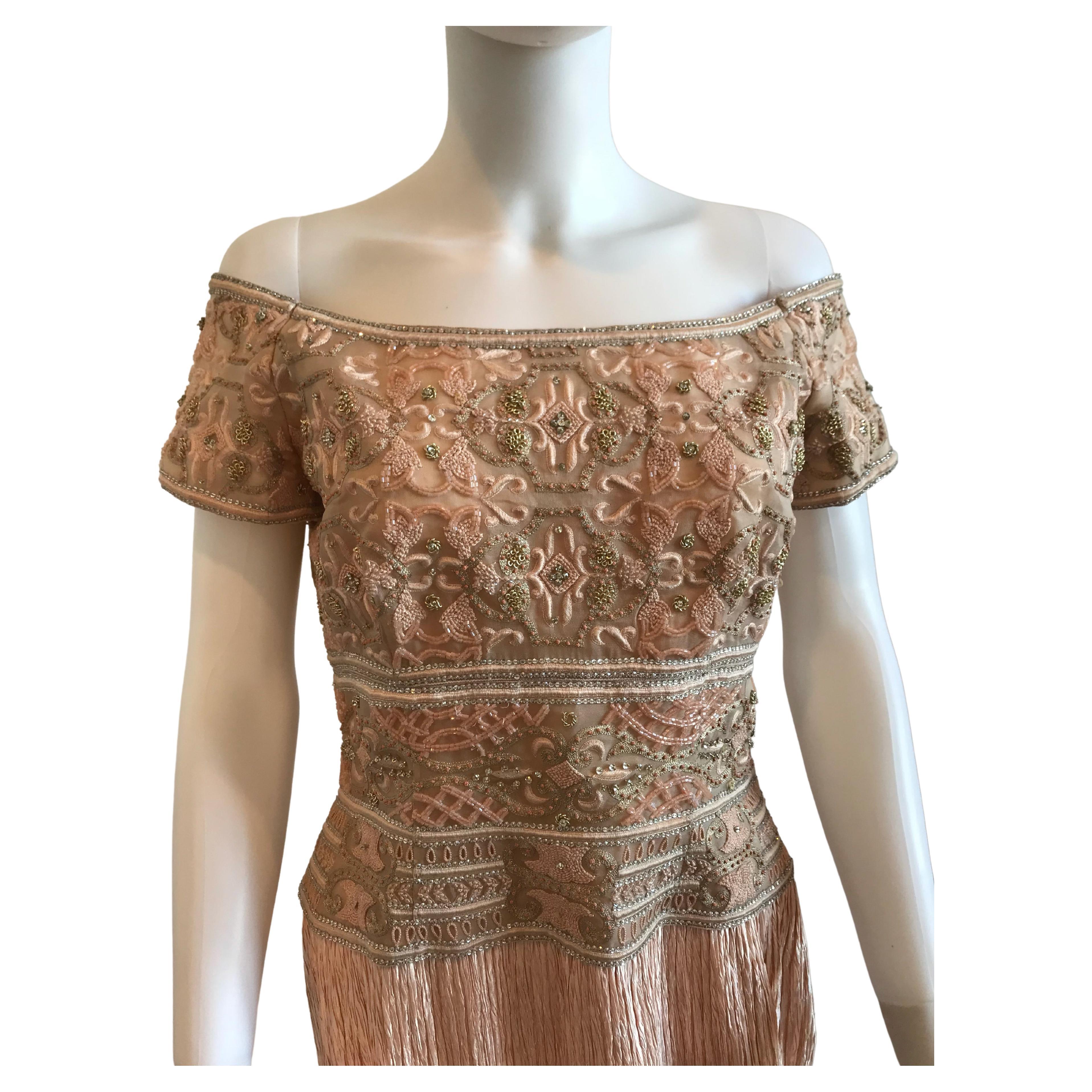 Brown Vintage Mary McFadden Beaded Off Shoulder Dress For Sale