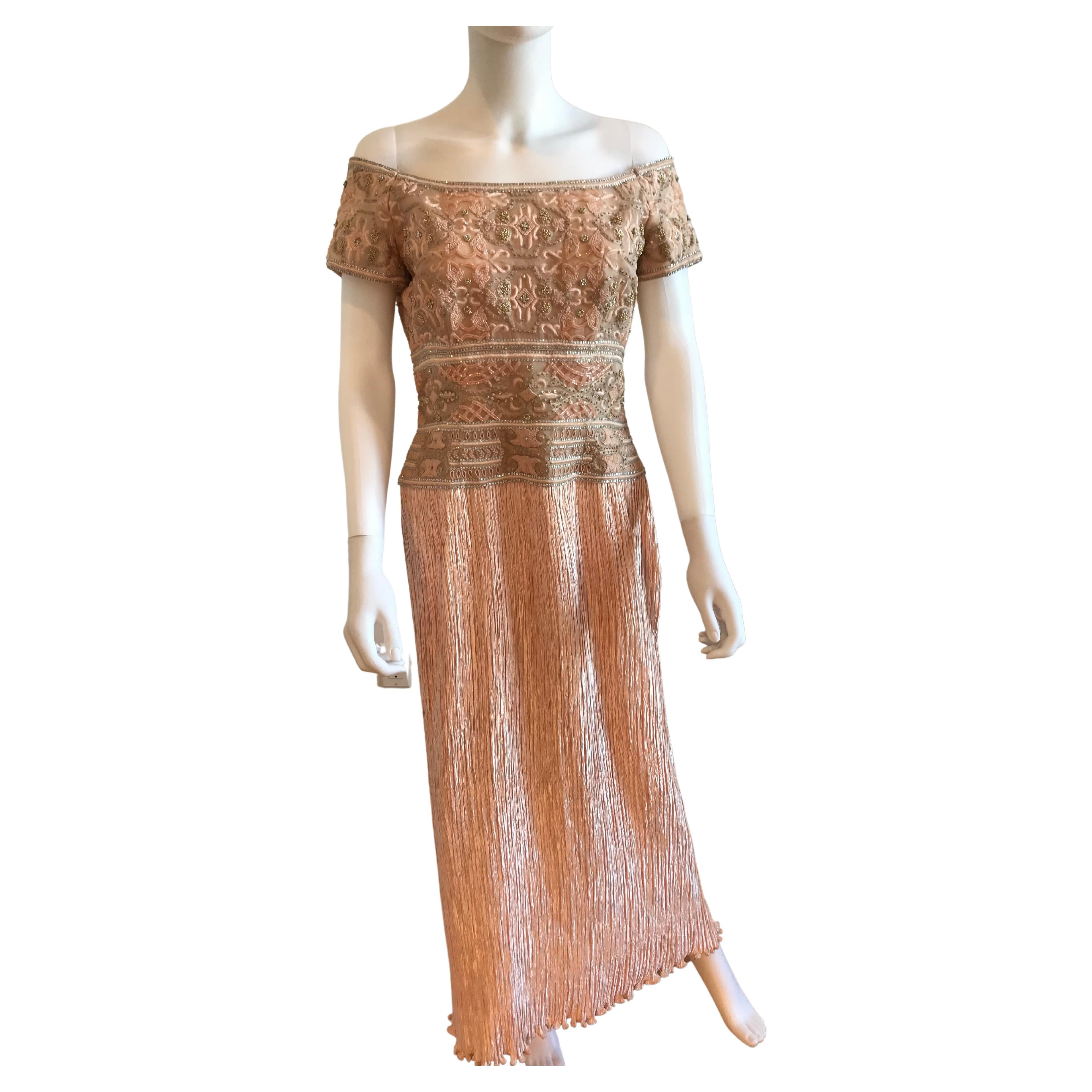 Vintage Mary McFadden Beaded Off Shoulder Dress For Sale