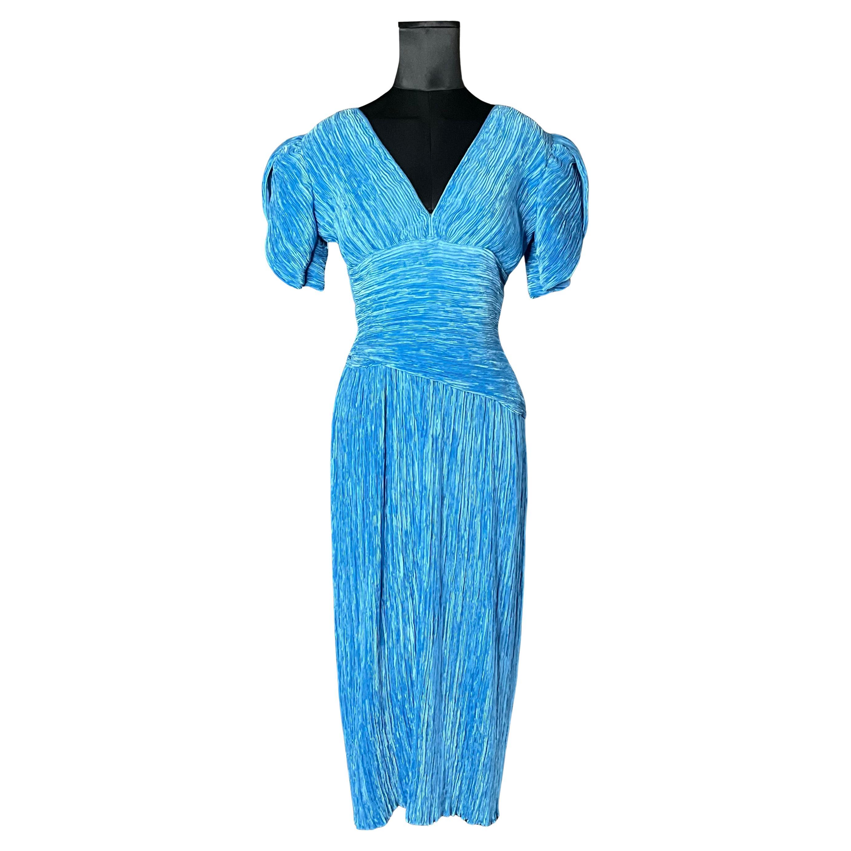 Vintage Mary McFadden Blue Pleated Dress For Sale
