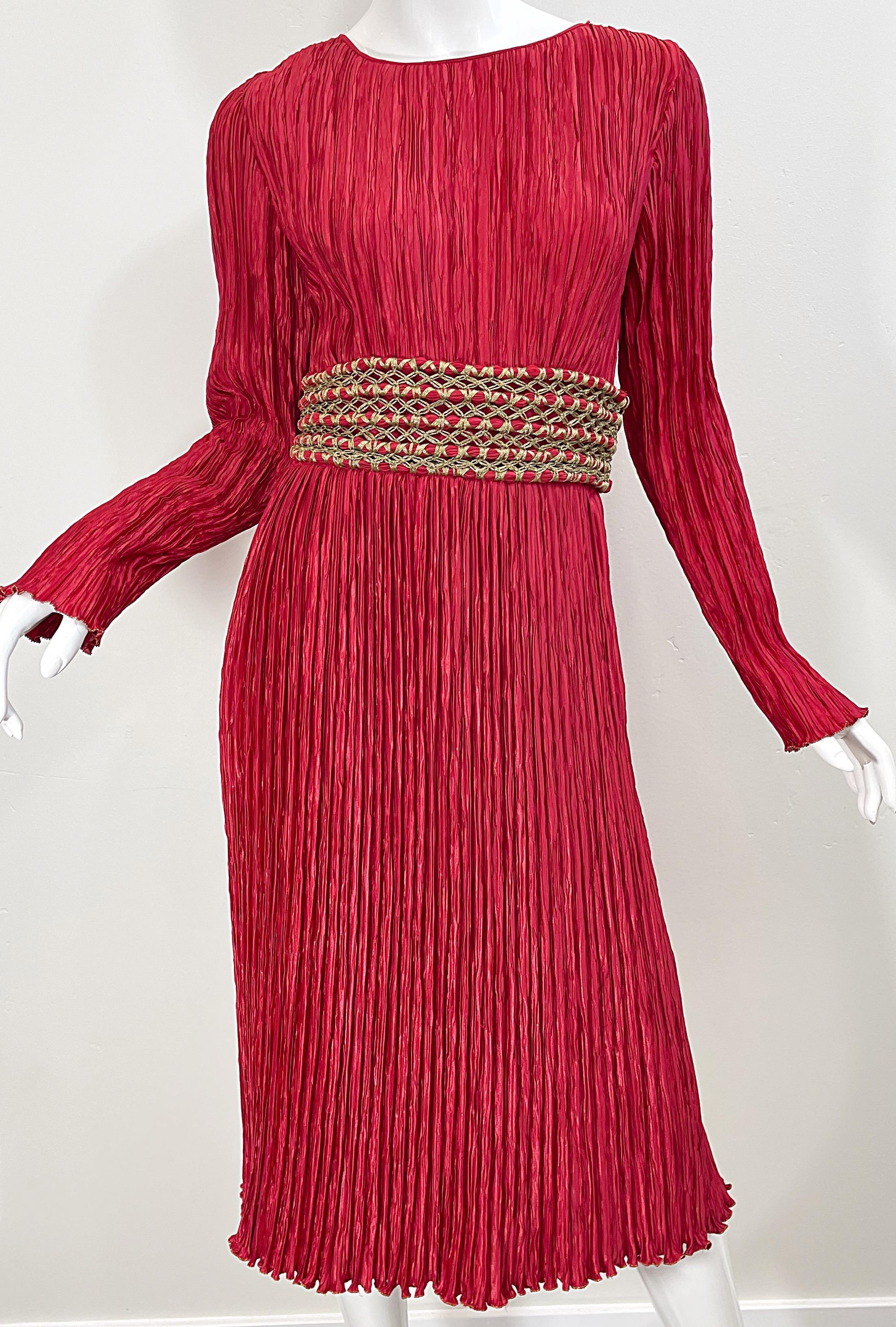 Women's Vintage Mary McFadden Couture 1980s Size 8 Crimson Red Fortuny Pleated 80s Dress