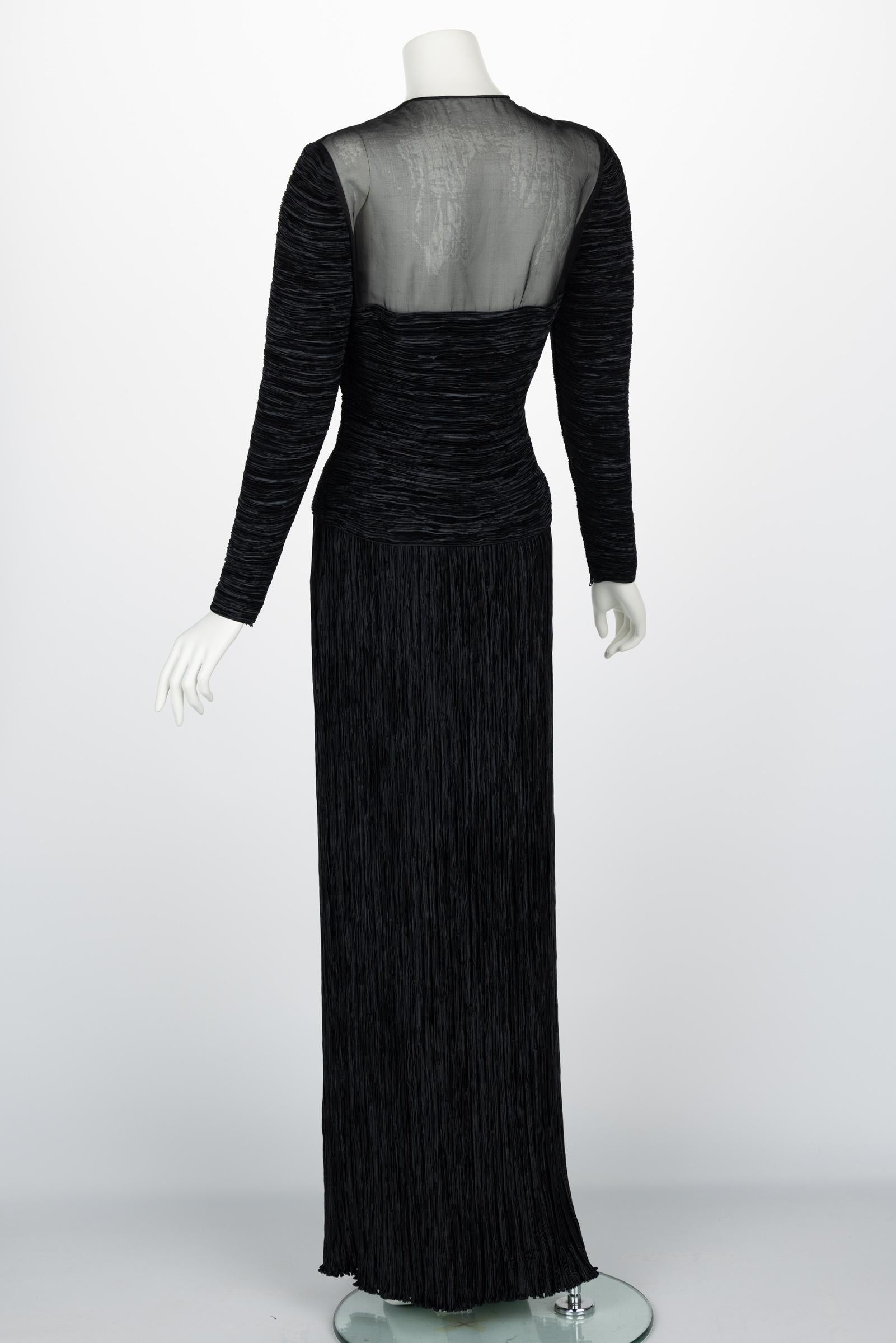  Vintage Mary Mcfadden Couture Black Pleated Sheer shoulder Column Gown In Excellent Condition For Sale In Boca Raton, FL