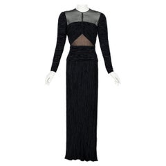 Mary Mcfadden Couture Robe colonne noire plissée et transparente à épaules