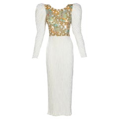 Vintage Mary Mcfadden Couture Dramatic Sleeves Beaded Bodice Ivory Pleated Gown