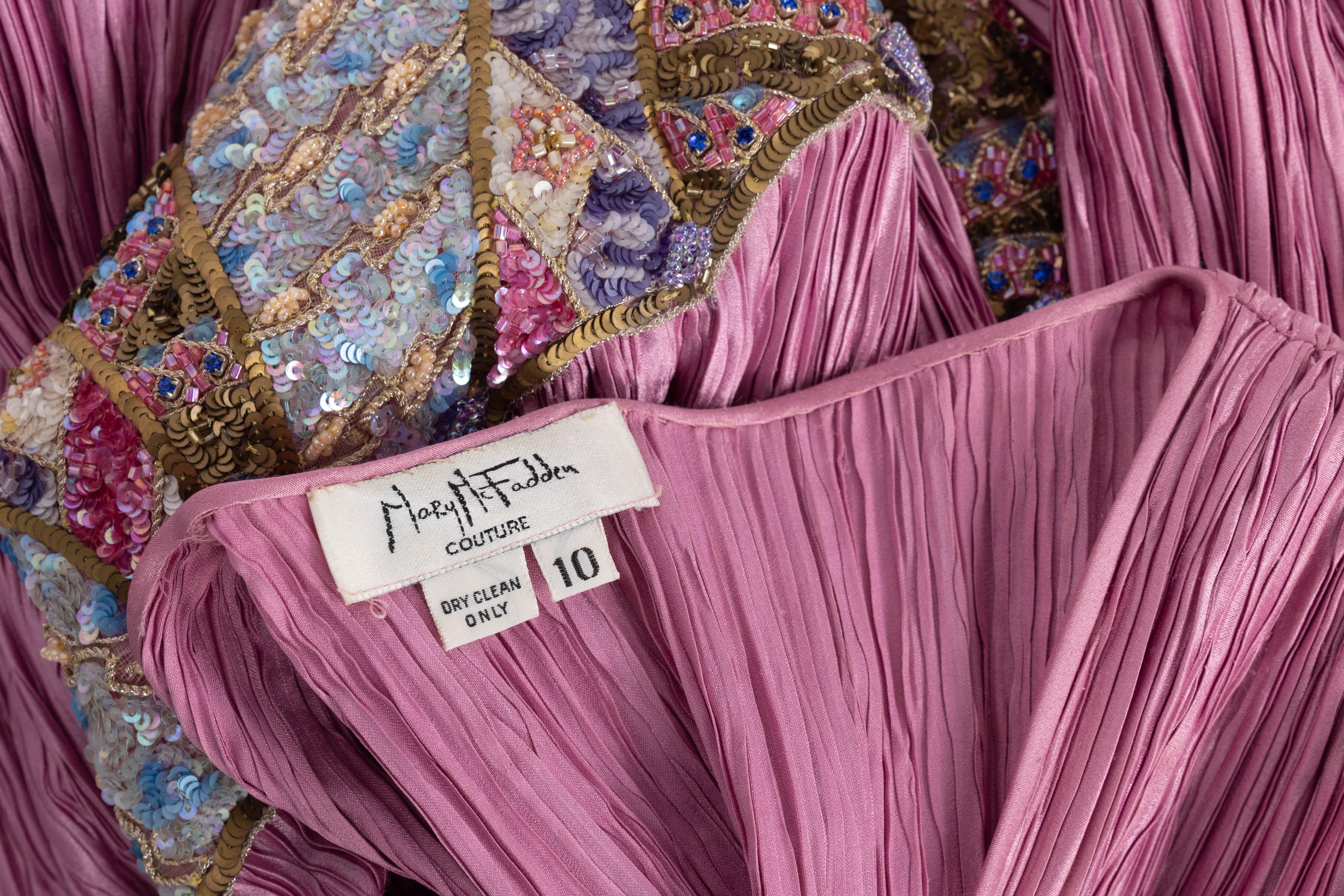 Vintage Mary Mcfadden Couture Pink Pleated Beaded Waist Maxi Column Dress 3