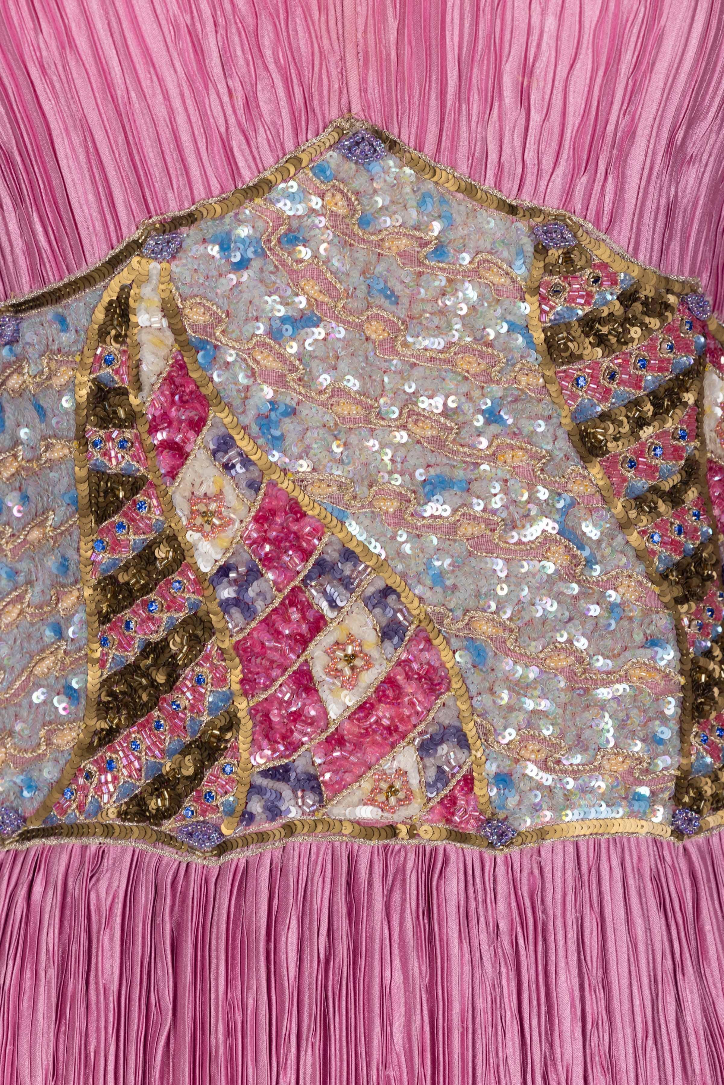 Women's Vintage Mary Mcfadden Couture Pink Pleated Beaded Waist Maxi Column Dress