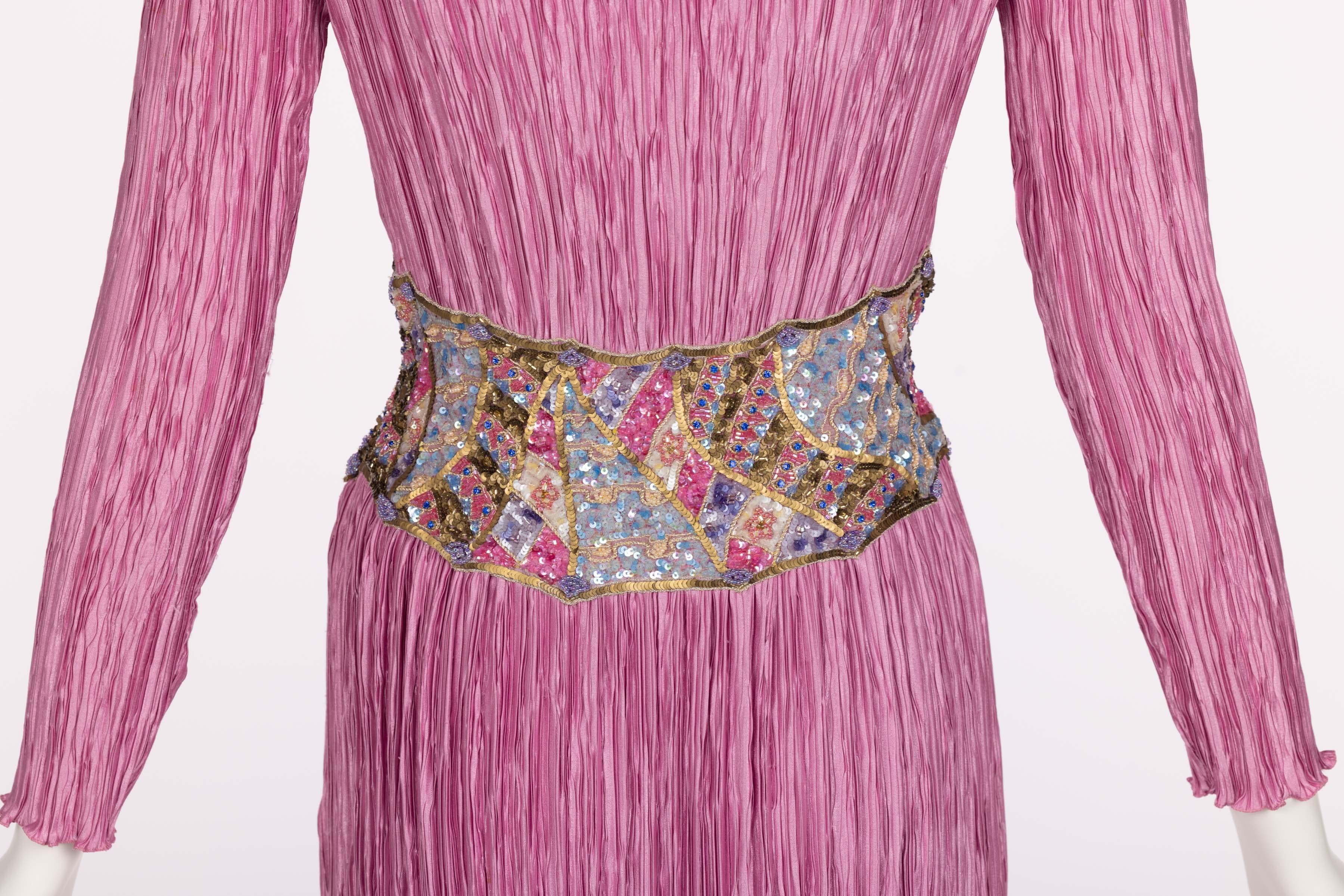 Vintage Mary Mcfadden Couture Pink Pleated Beaded Waist Maxi Column Dress 1