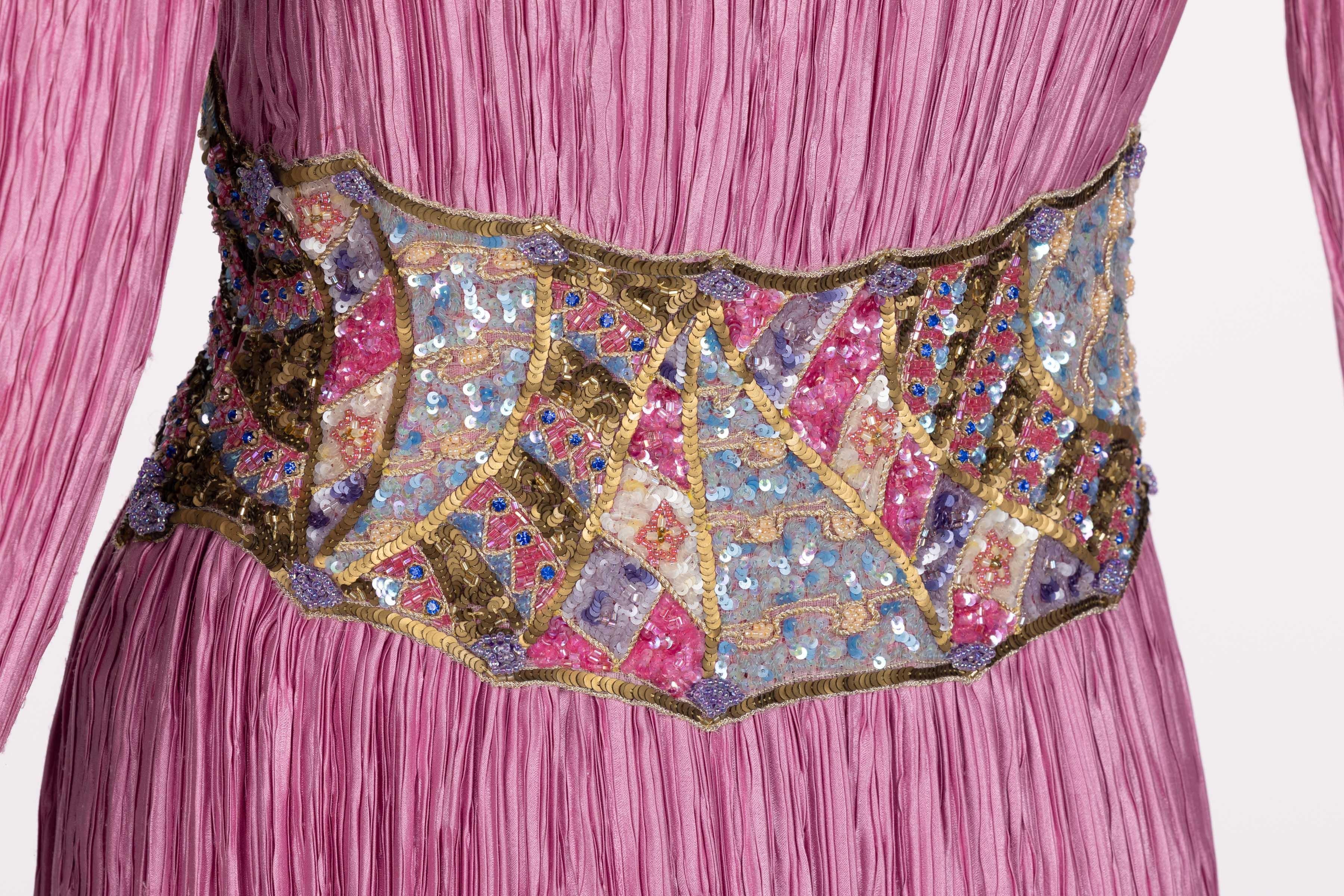 Vintage Mary Mcfadden Couture Pink Pleated Beaded Waist Maxi Column Dress 2