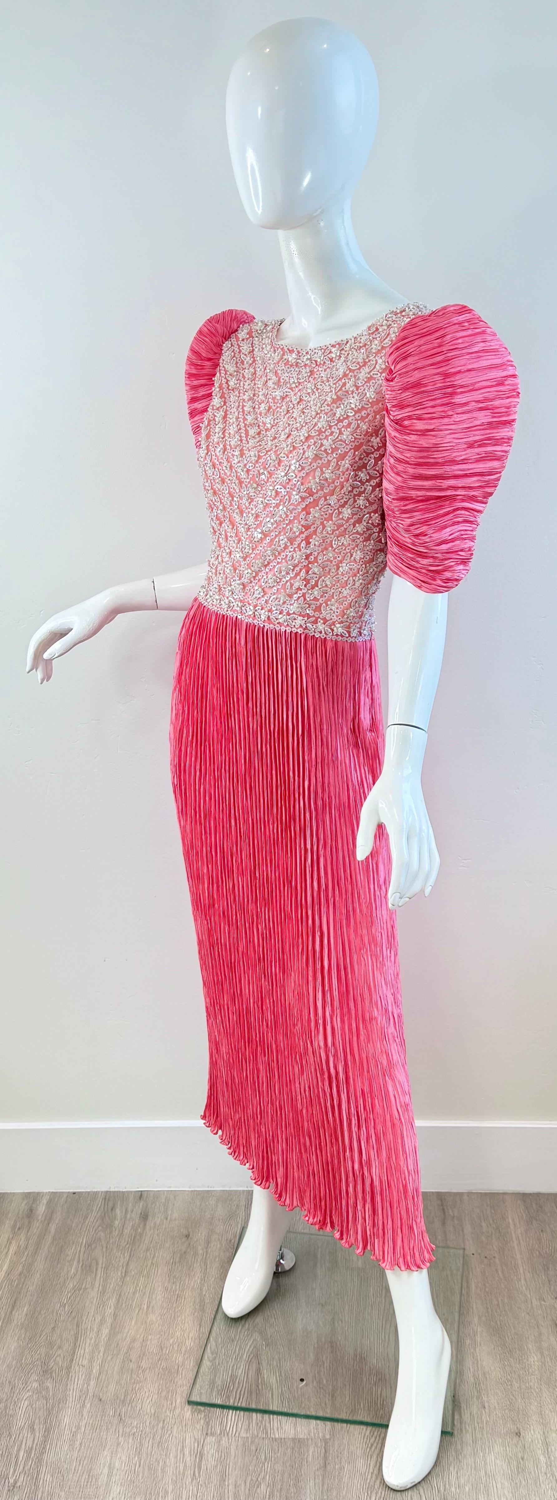 Vintage Mary McFadden Couture Sz 10 1980 Pink Pearl Beaded Pleated Evening Gown en vente 5