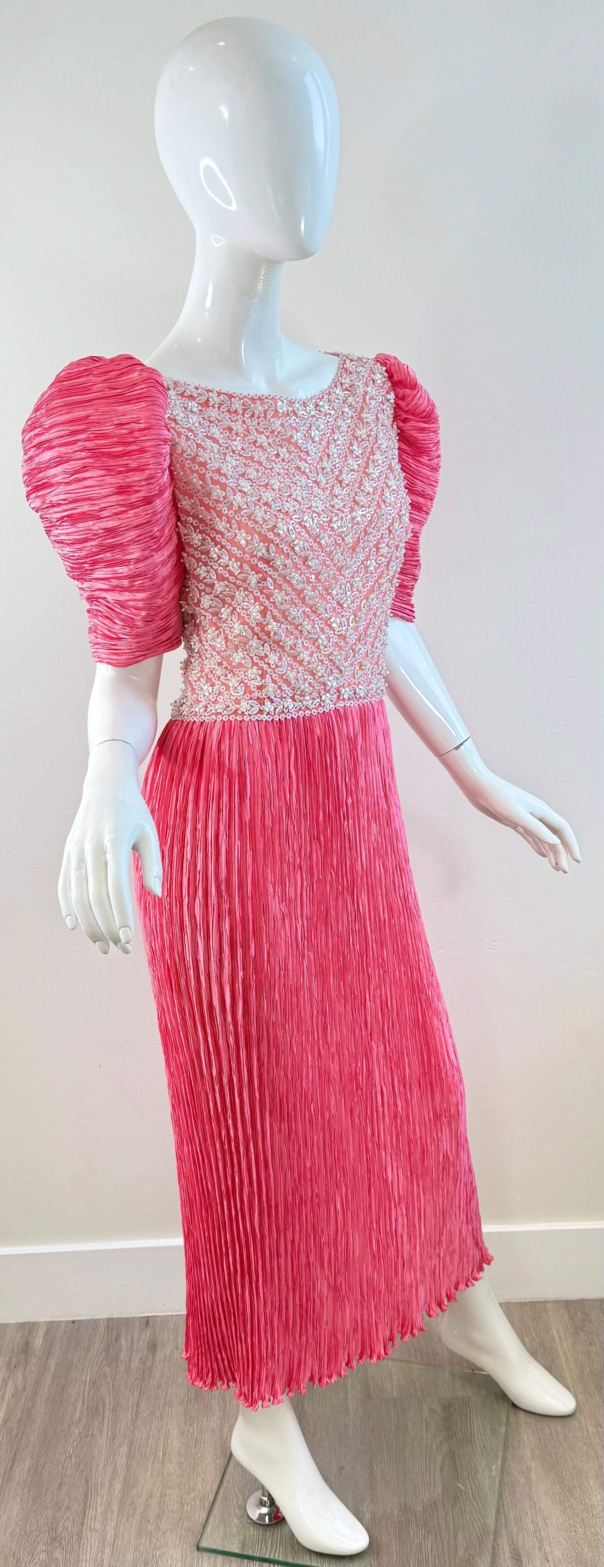 Vintage Mary McFadden Couture Sz 10 1980 Pink Pearl Beaded Pleated Evening Gown en vente 6