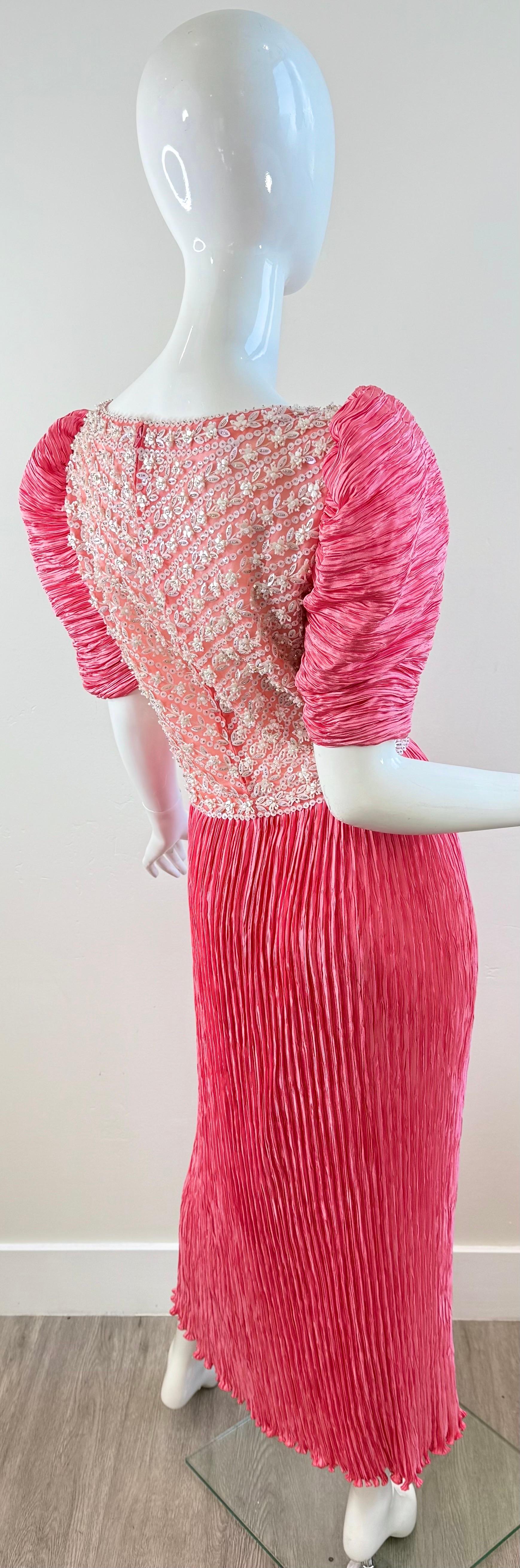 Vintage Mary McFadden Couture Sz 10 1980 Pink Pearl Beaded Pleated Evening Gown en vente 7