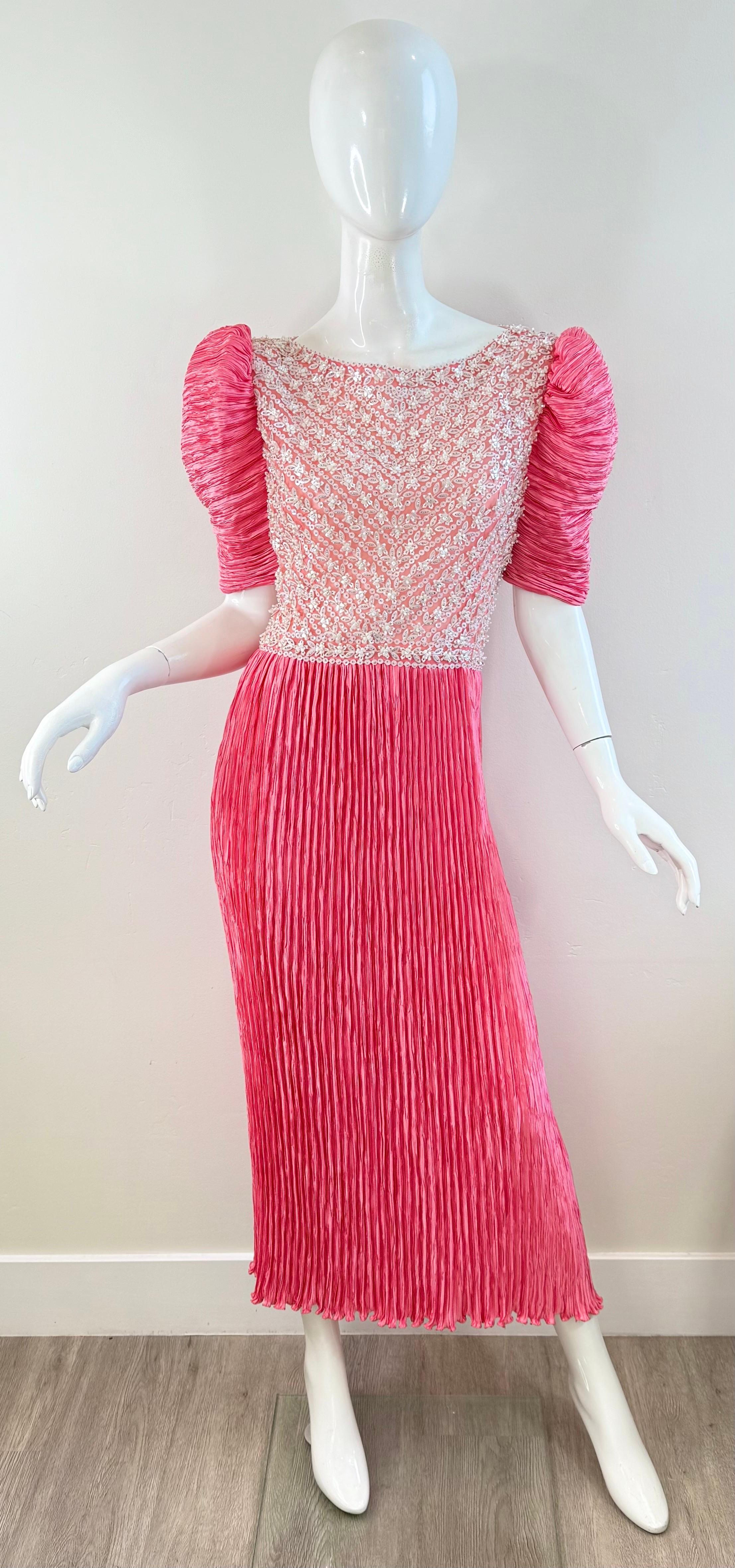 Vintage Mary McFadden Couture Sz 10 1980 Pink Pearl Beaded Pleated Evening Gown en vente 9