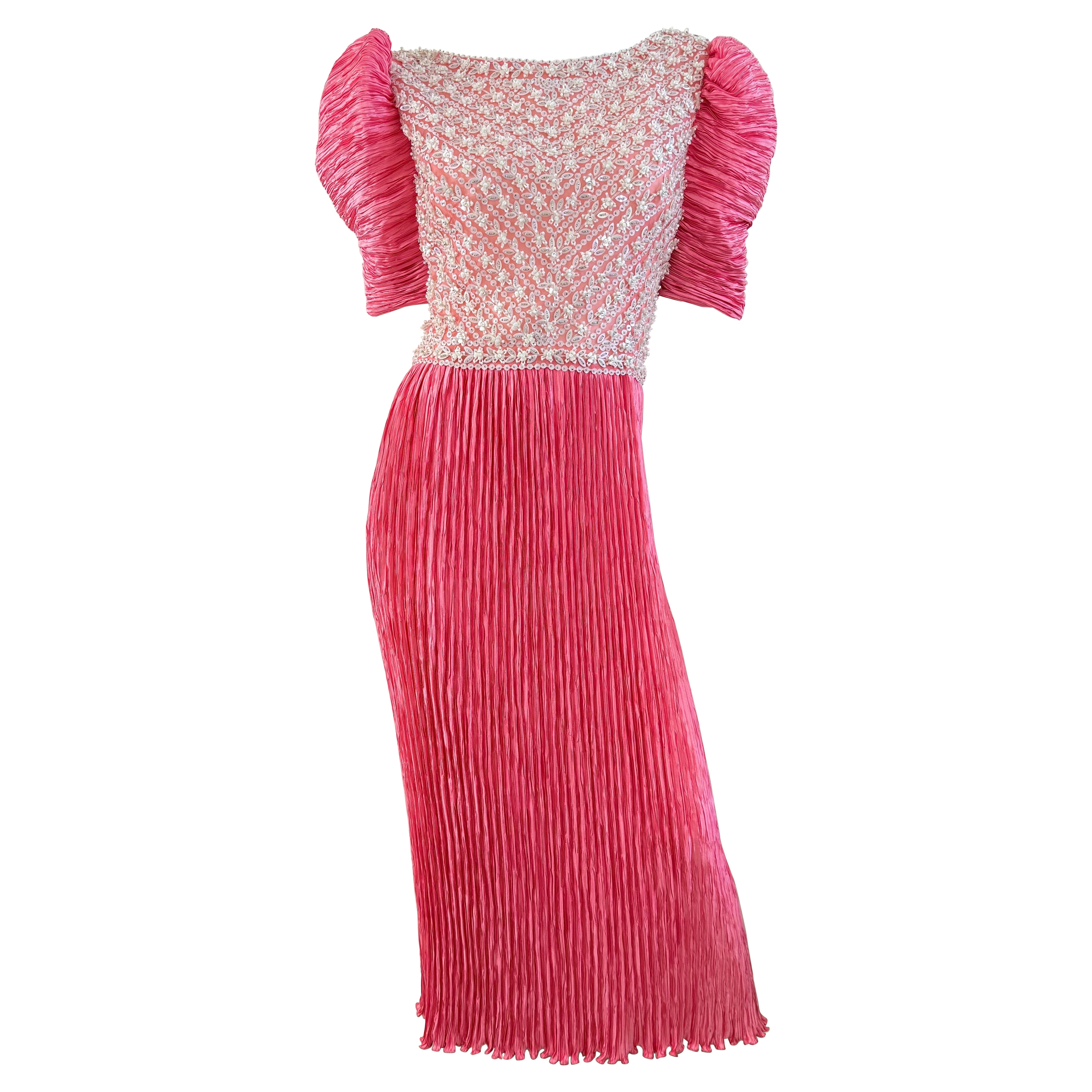Vintage Mary McFadden Couture Sz 10 1980 Pink Pearl Beaded Pleated Evening Gown en vente