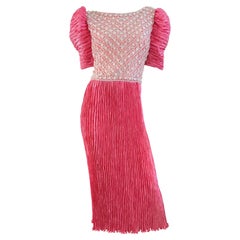 Vintage Mary McFadden Couture Sz 10 1980s Pink Pearl Beaded Pleated Evening Gown