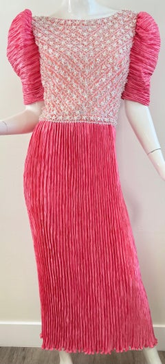 Vintage Mary McFadden Couture Sz 10 1980 Pink Pearl Beaded Pleated Evening Gown