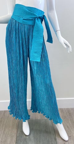 Vintage Mary McFadden Couture Turquoise Blue Wide Palazzo Leg Pants + Belt