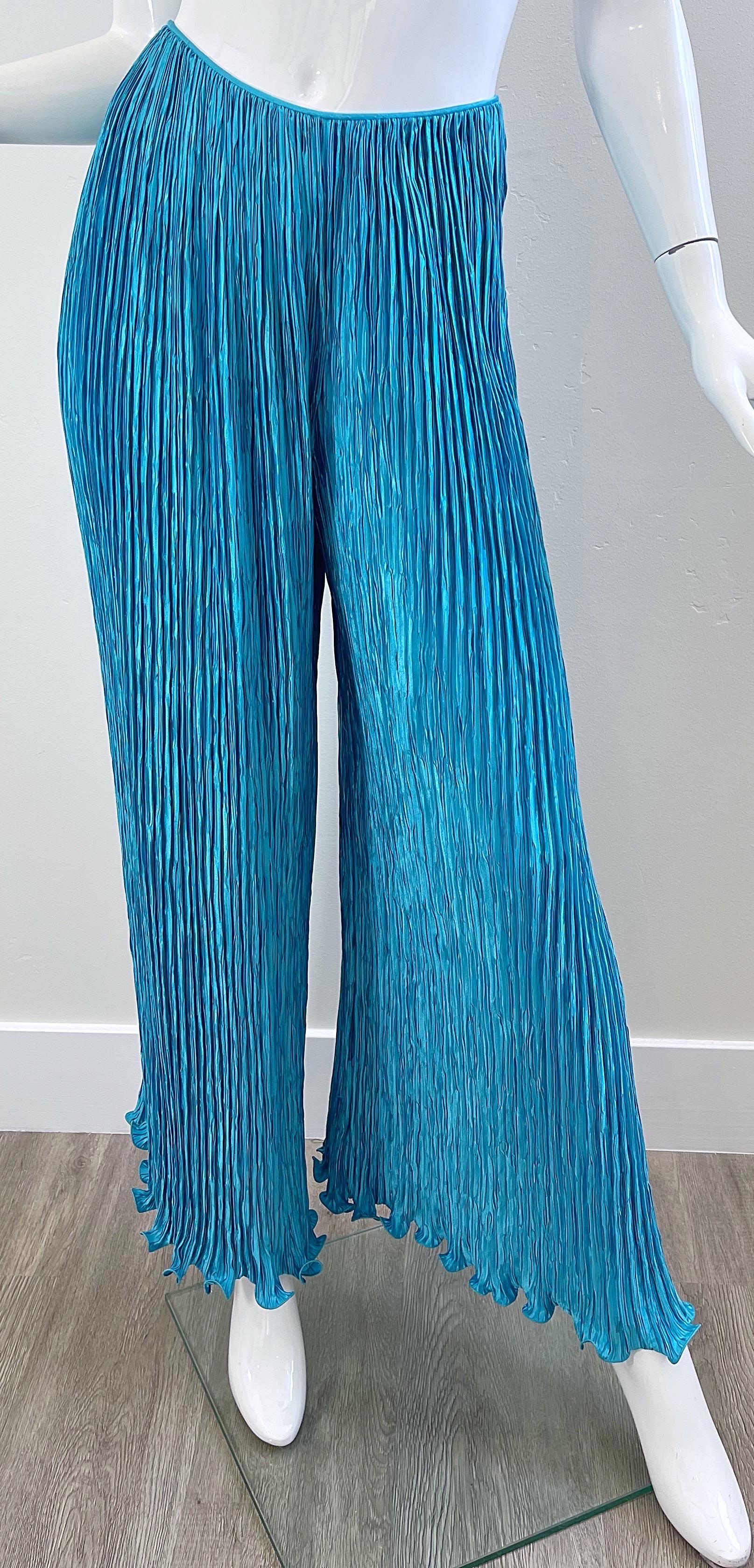 Mary McFadden Couture - Pantalon large et ceinture Palazzo bleu turquoise, vintage Excellent état - En vente à San Diego, CA