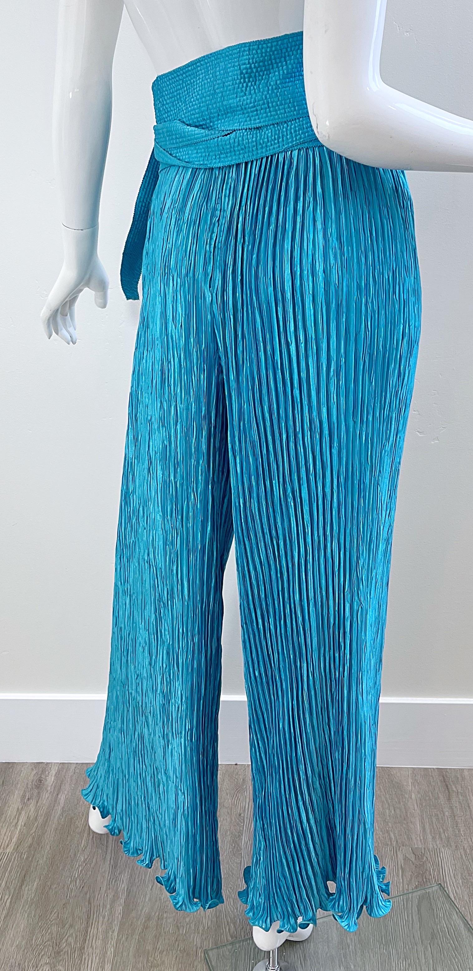 Vintage Mary McFadden Couture Turquoise Blue Wide Palazzo Leg Pants + Belt In Excellent Condition For Sale In San Diego, CA