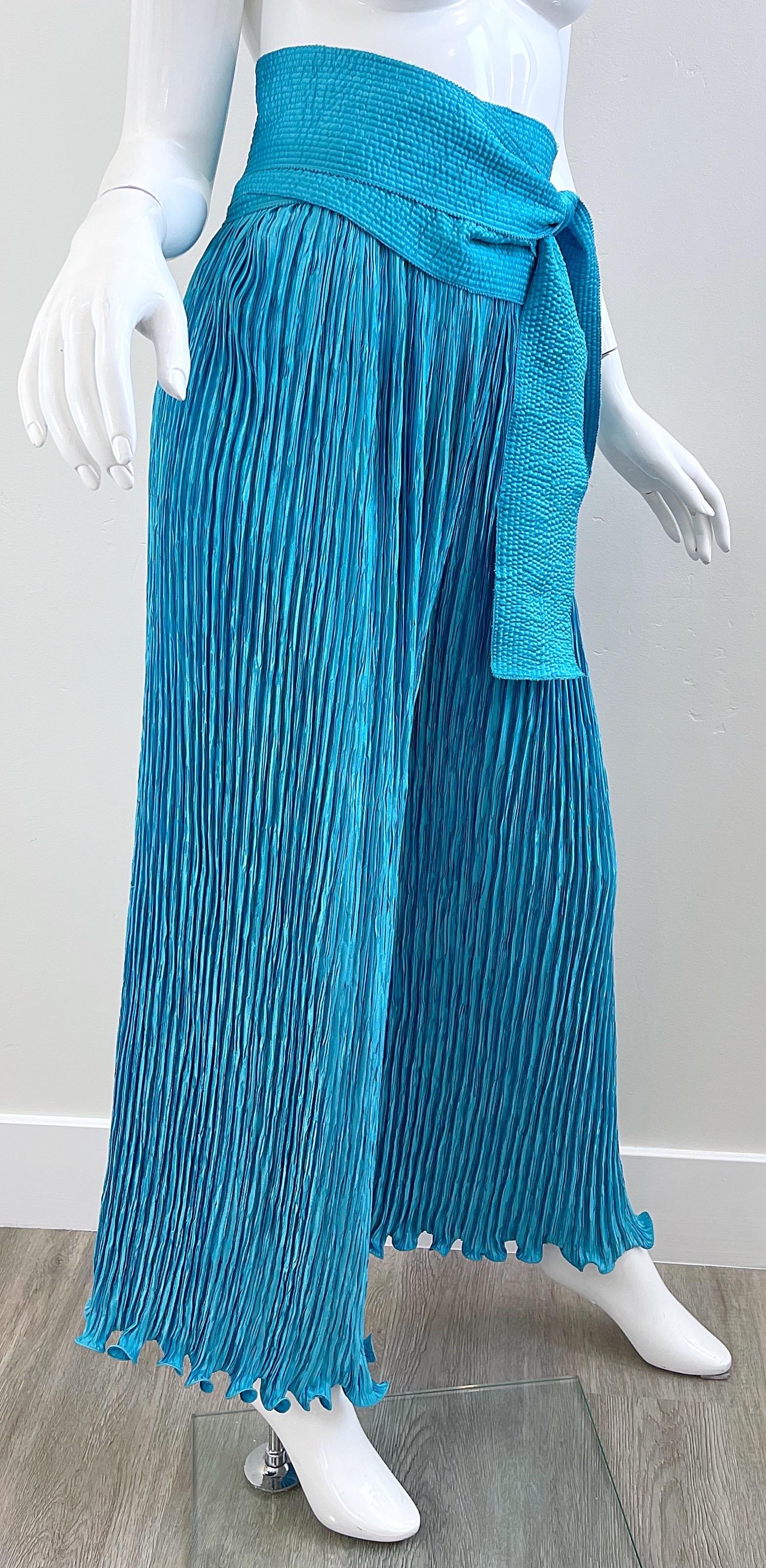 Women's Vintage Mary McFadden Couture Turquoise Blue Wide Palazzo Leg Pants + Belt For Sale
