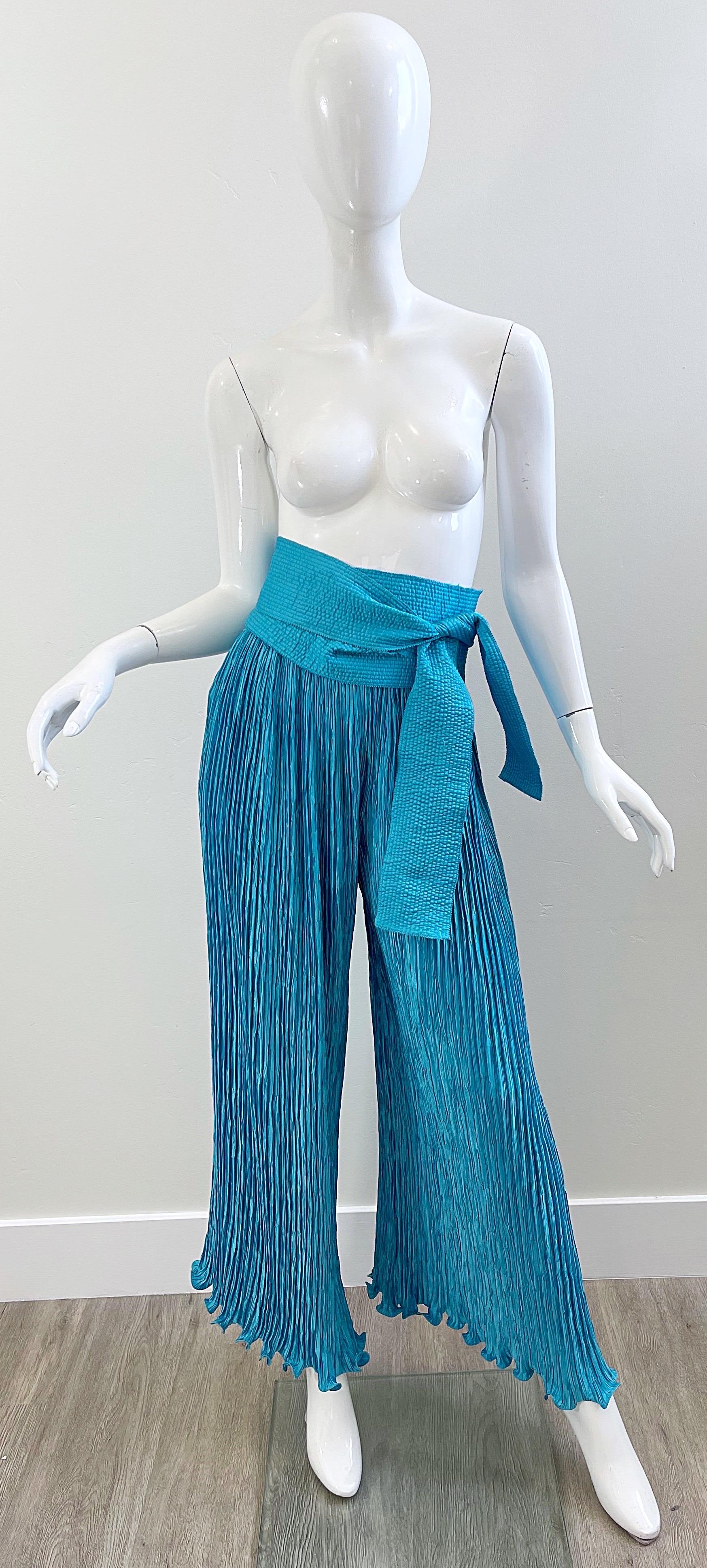 Vintage Mary McFadden Couture Turquoise Blue Wide Palazzo Leg Pants + Belt For Sale 1