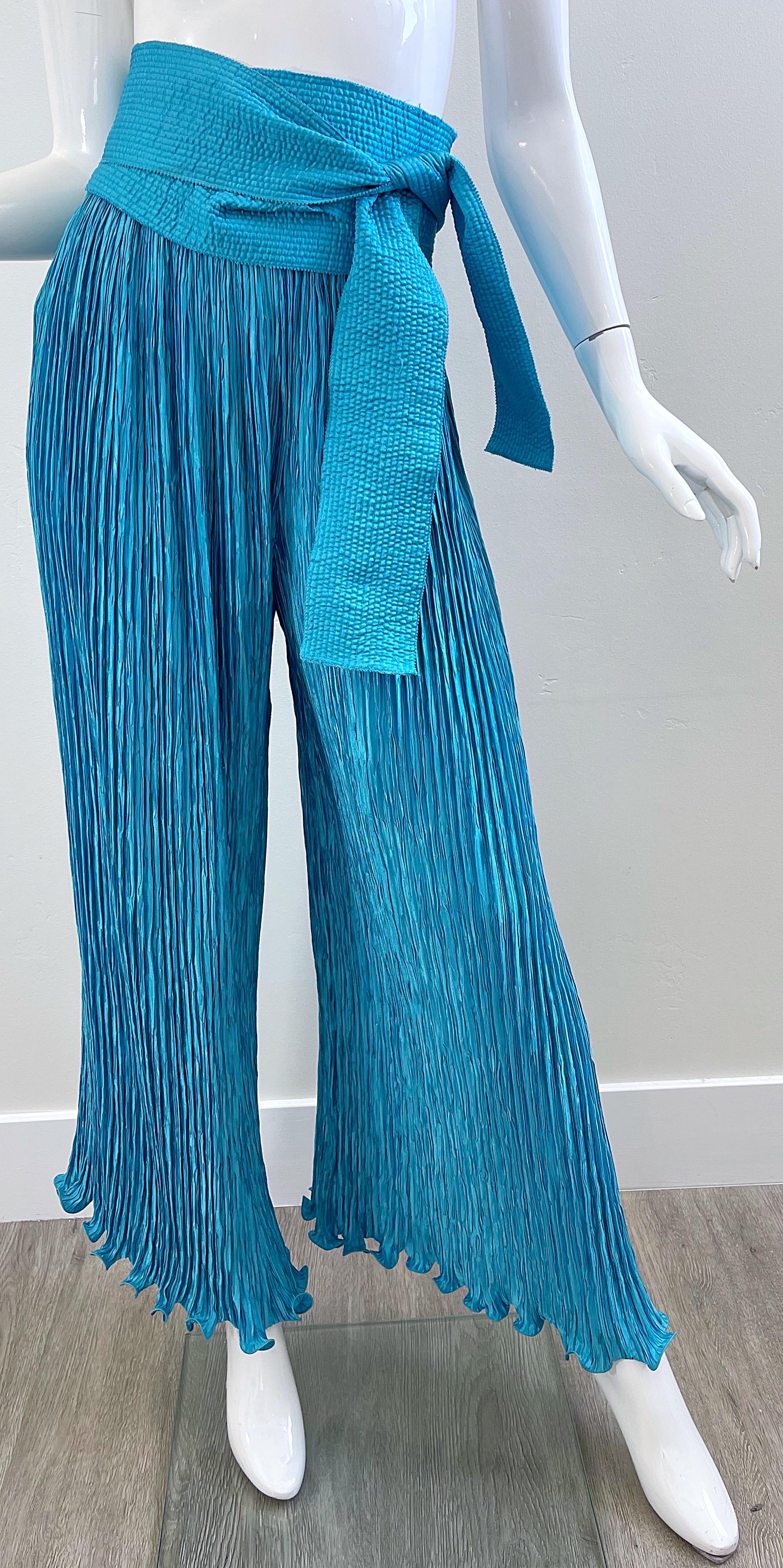 Vintage Mary McFadden Couture Turquoise Blue Wide Palazzo Leg Pants + Belt For Sale 2