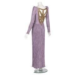 Vintage Mary McFadden Dusky Lavender Golden Macrame Cut Out Back Gown