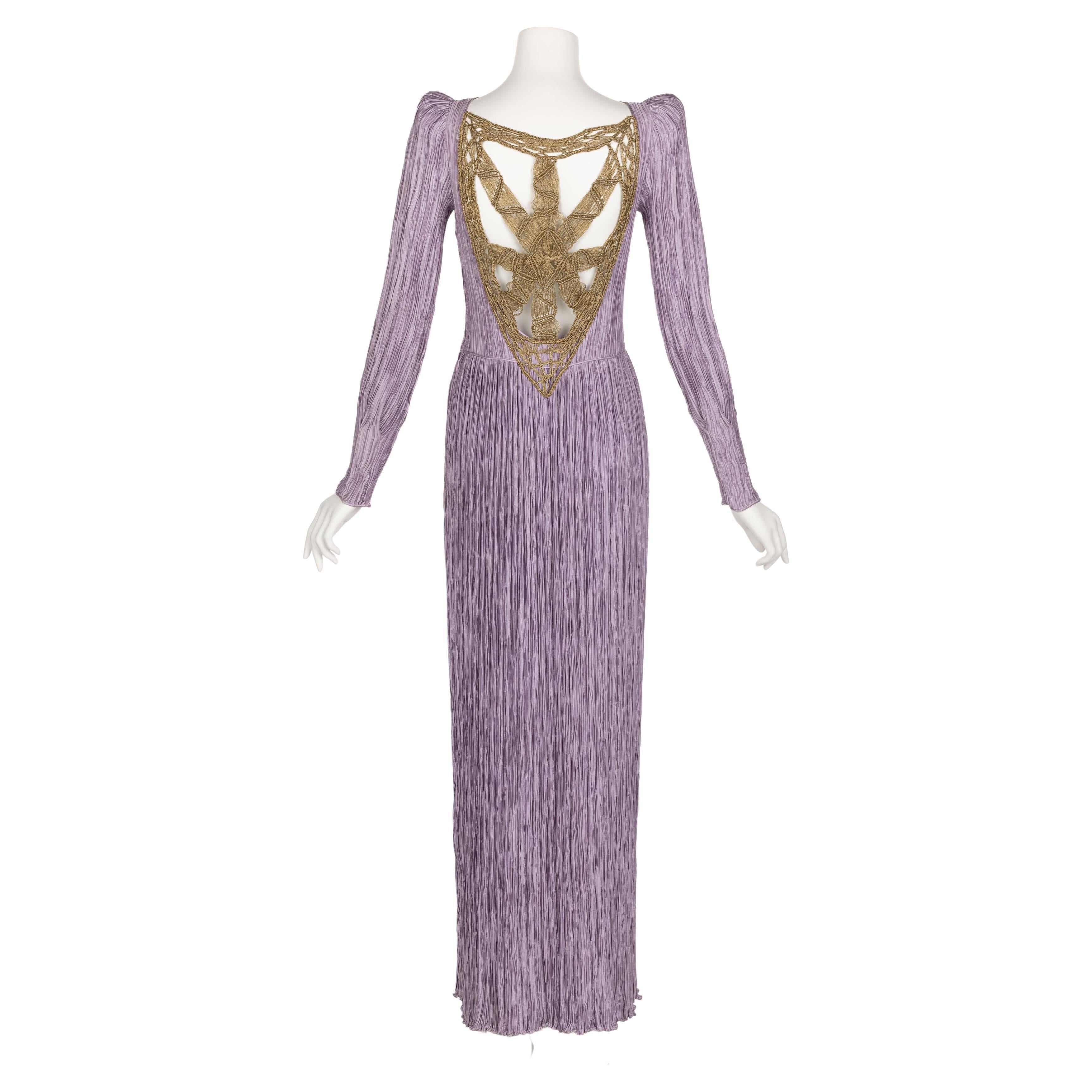 Vintage Mary McFadden Dusky Lavender Golden Macrame Cut Out Back Gown For Sale