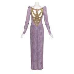 Vintage Mary McFadden Dusky Lavender Golden Macrame Cut Out Back Gown