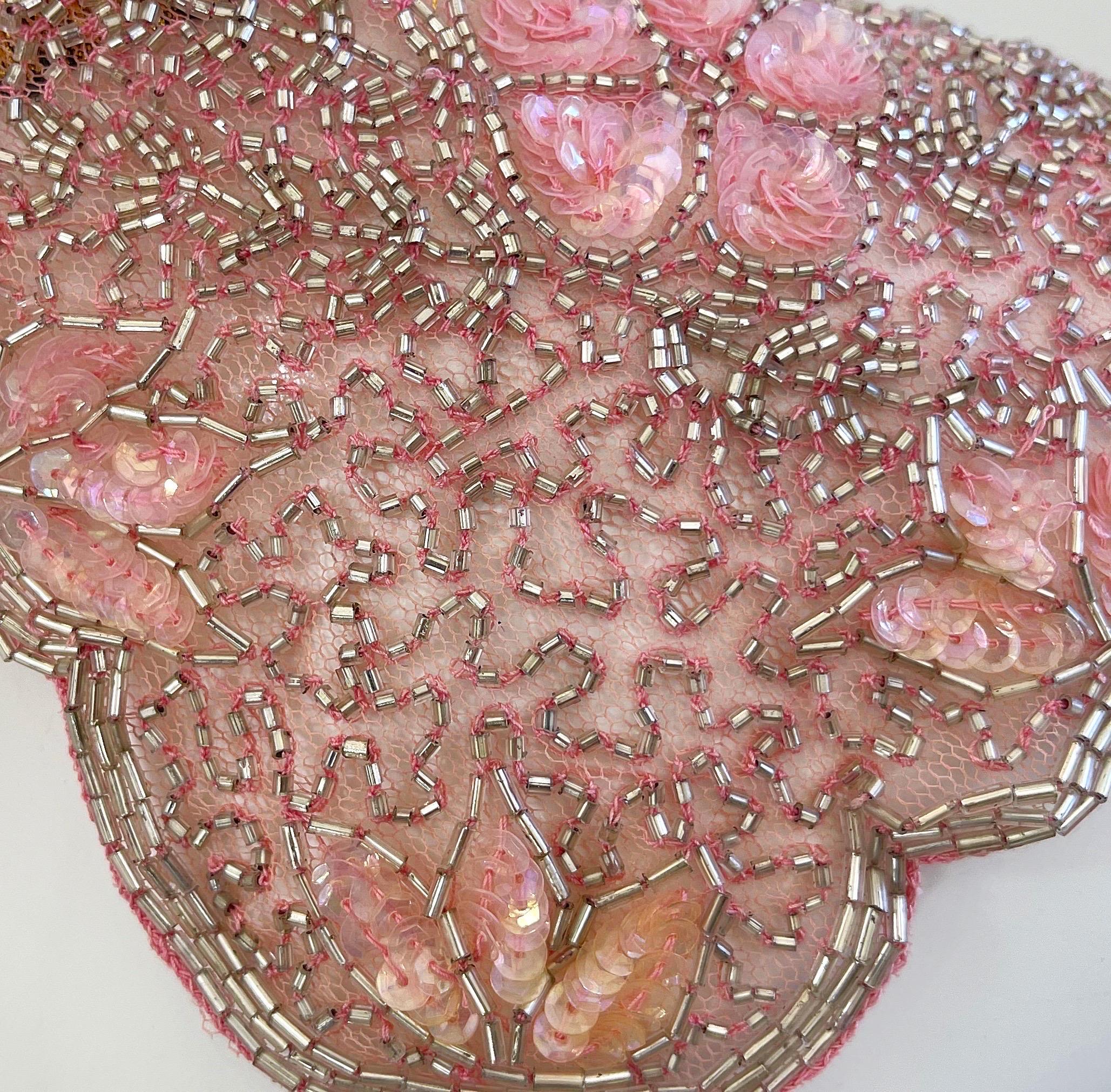 Vintage Mary McFadden Pink Beaded Sequin Mesh Nylon Necklace Collar  In Excellent Condition For Sale In San Diego, CA
