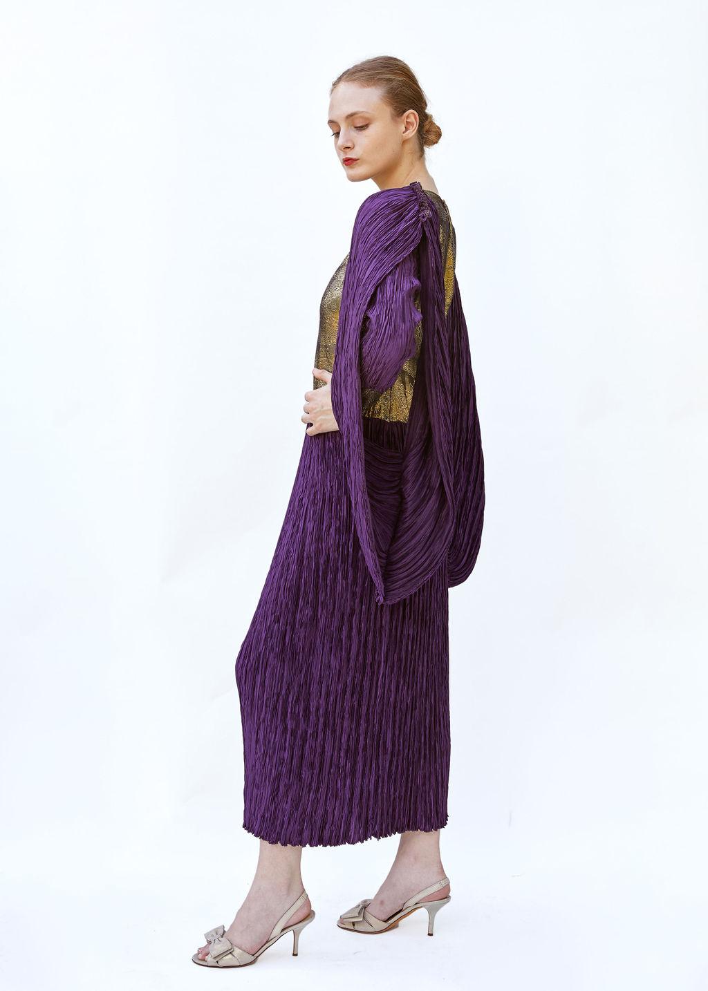 Black Vintage Mary McFadden Purple & Gold Pleated Gown For Sale