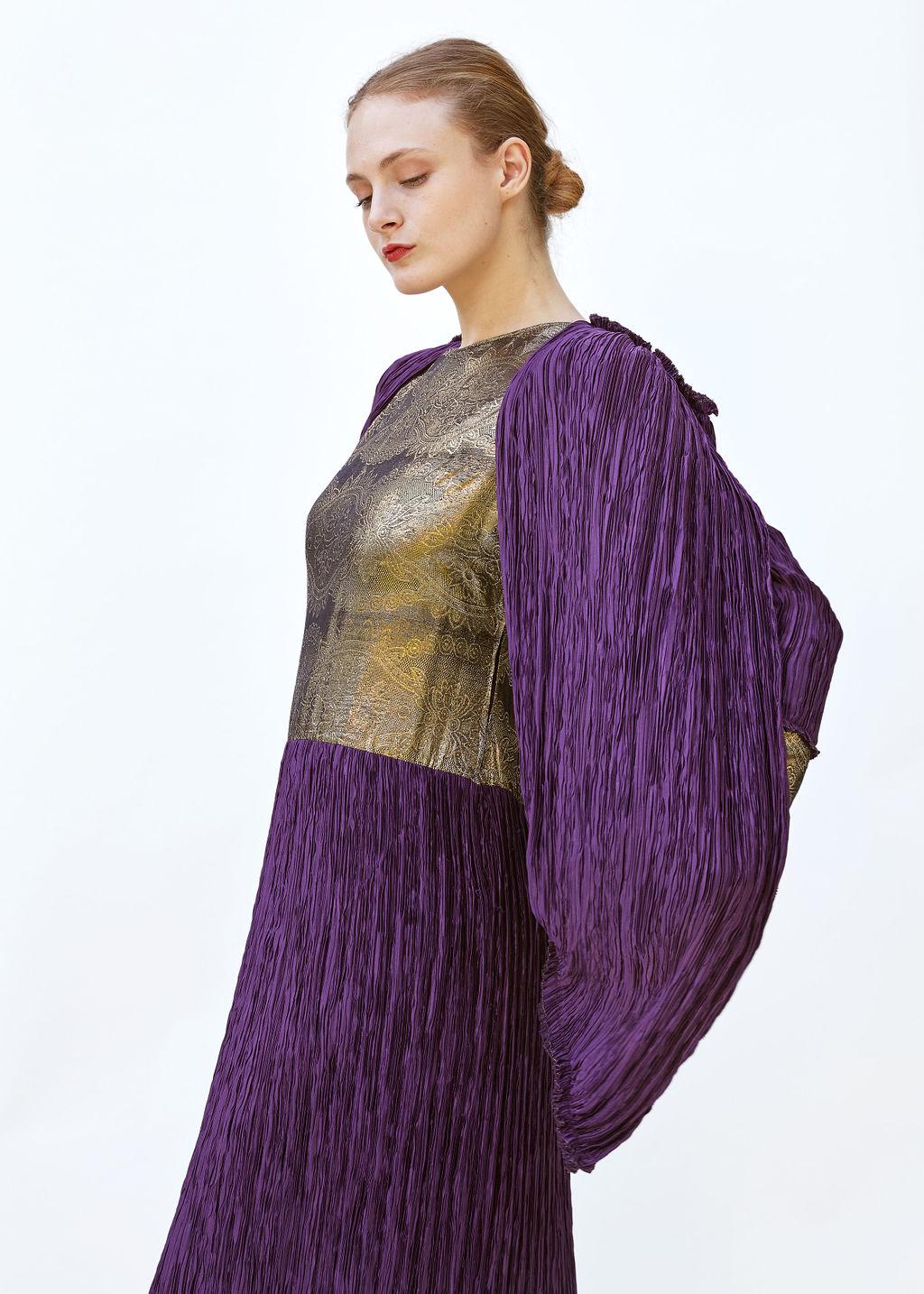 Vintage Mary McFadden Purple & Gold Pleated Gown In Excellent Condition For Sale In Los Angeles, CA