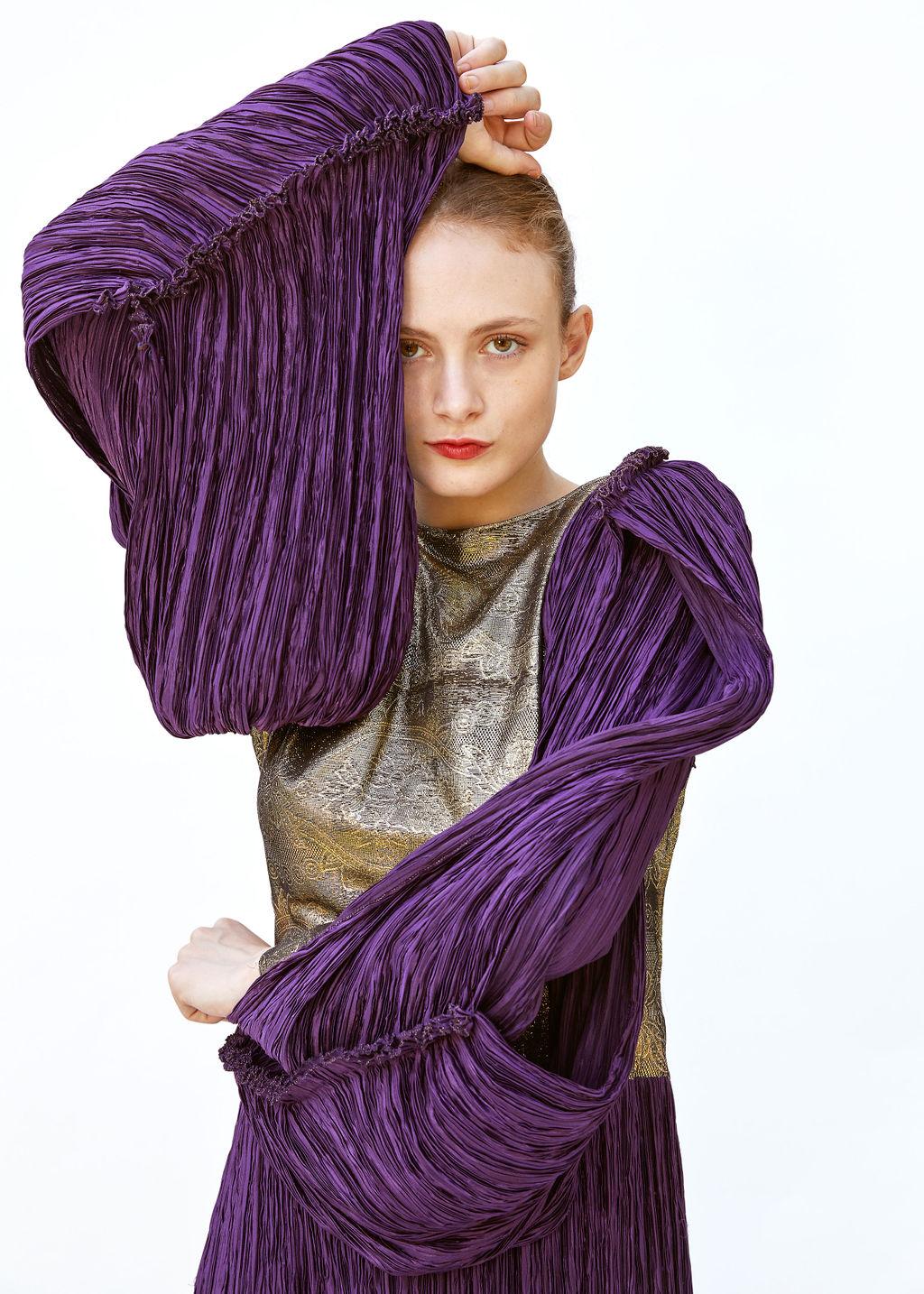 Vintage Mary McFadden Purple & Gold Pleated Gown For Sale 2