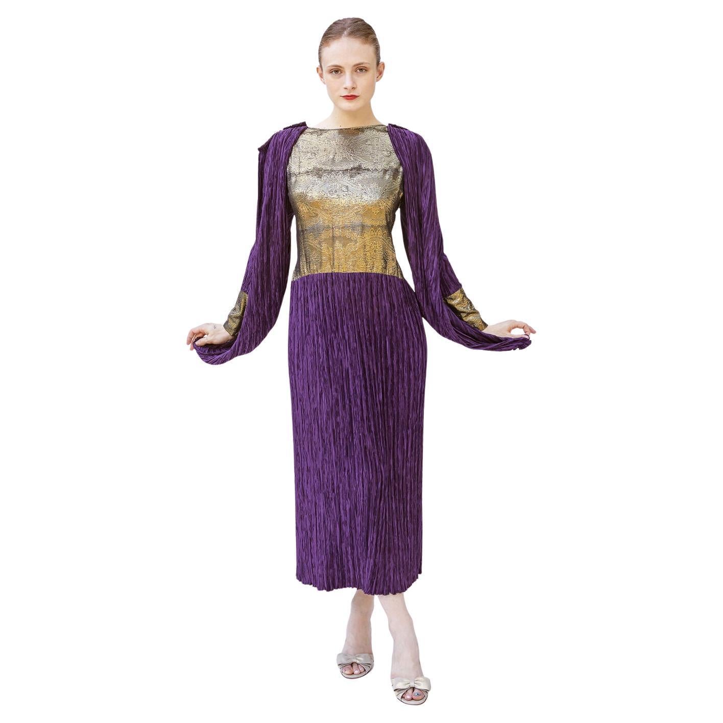 Vintage Mary McFadden Purple & Gold Pleated Gown For Sale