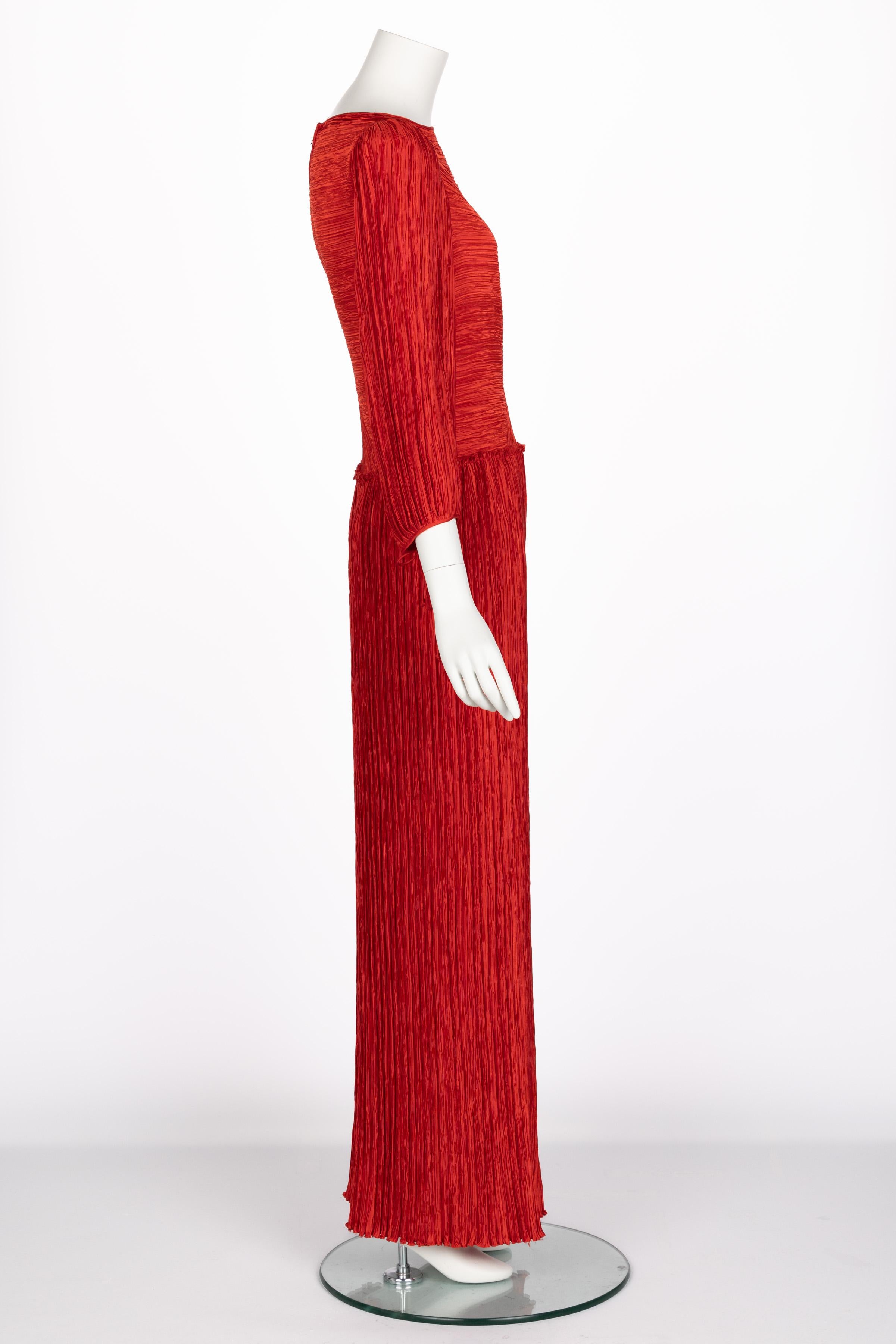 Vintage Mary Mcfadden Red Fortuny Pleated Maxi Dress In Excellent Condition In Boca Raton, FL