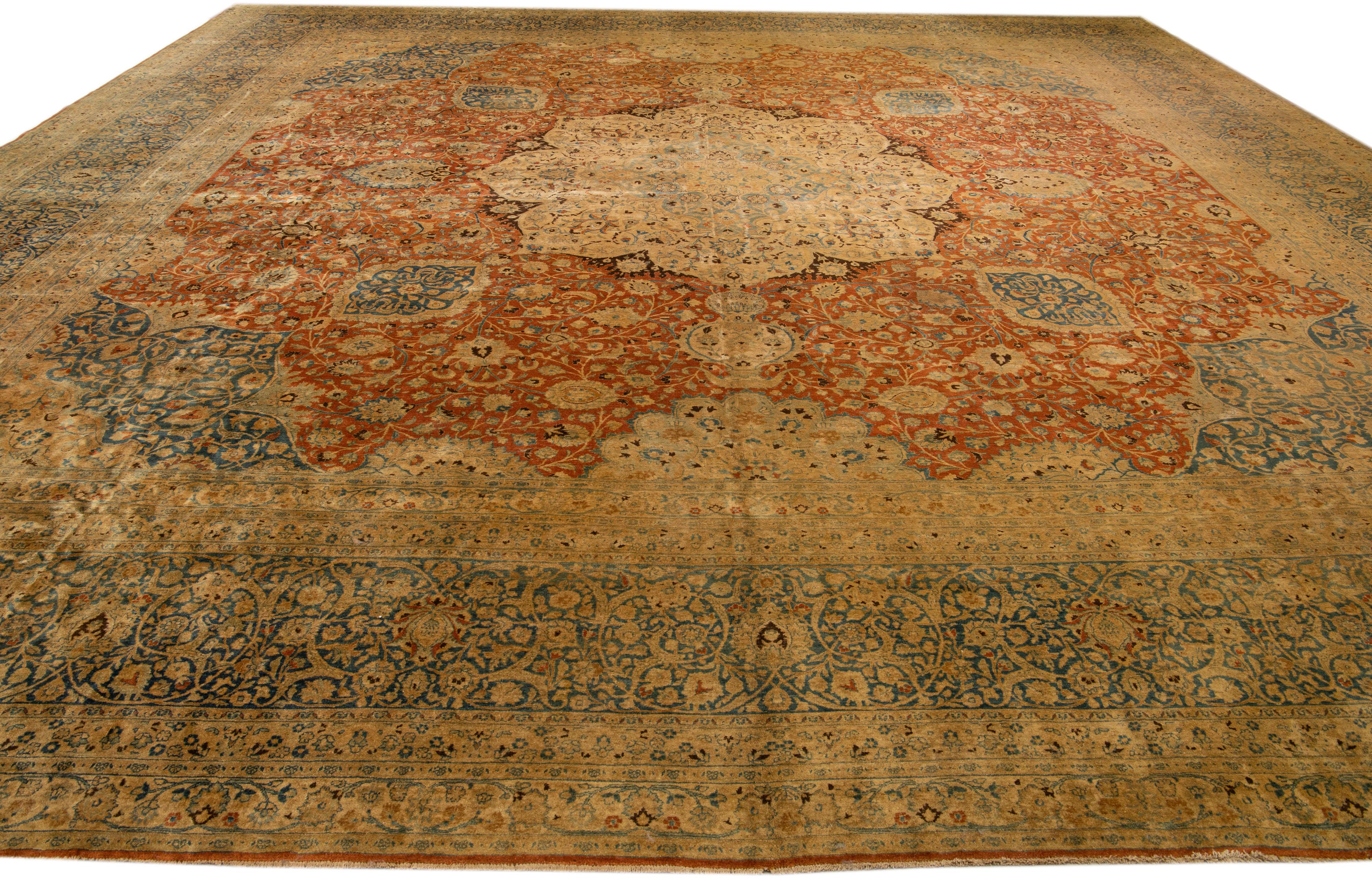 Islamic Vintage Mashad Handmade Rust Square Persian Wool Rug with Medallion Design For Sale
