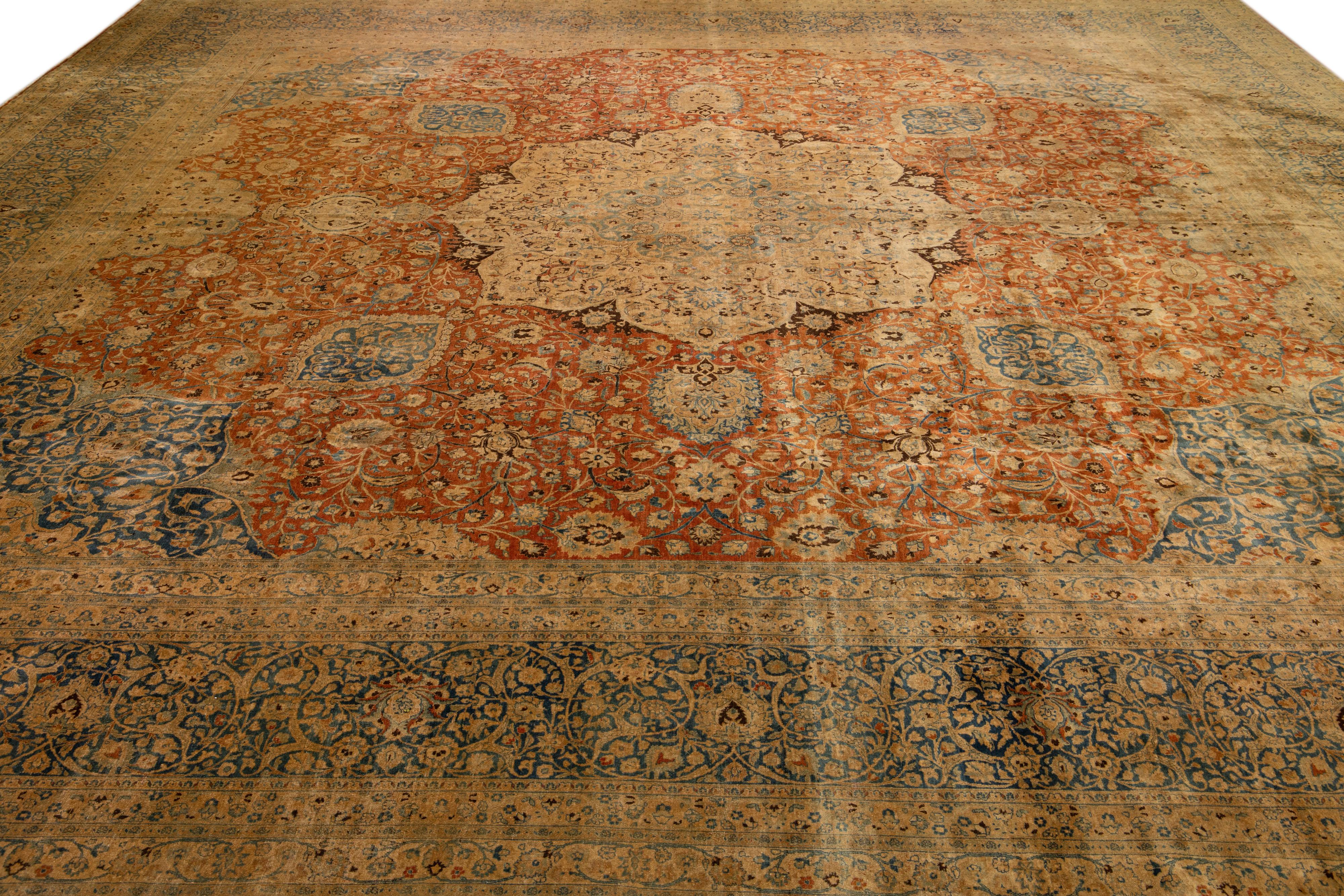 Vintage Mashad Handmade Rust Square Persian Wool Rug with Medallion Design For Sale 1