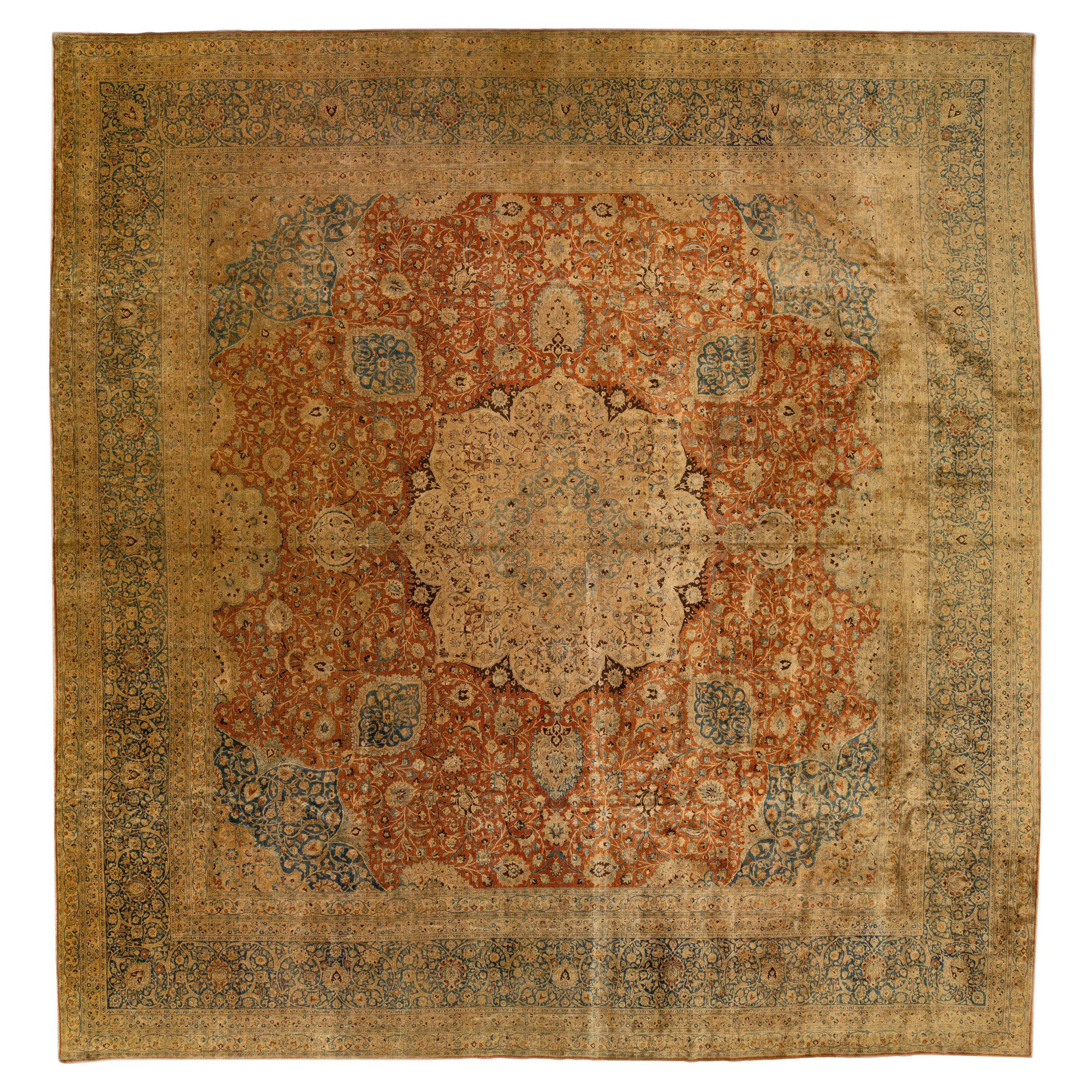 Vintage Mashad Handmade Rust Square Persian Wool Rug with Medallion Design For Sale