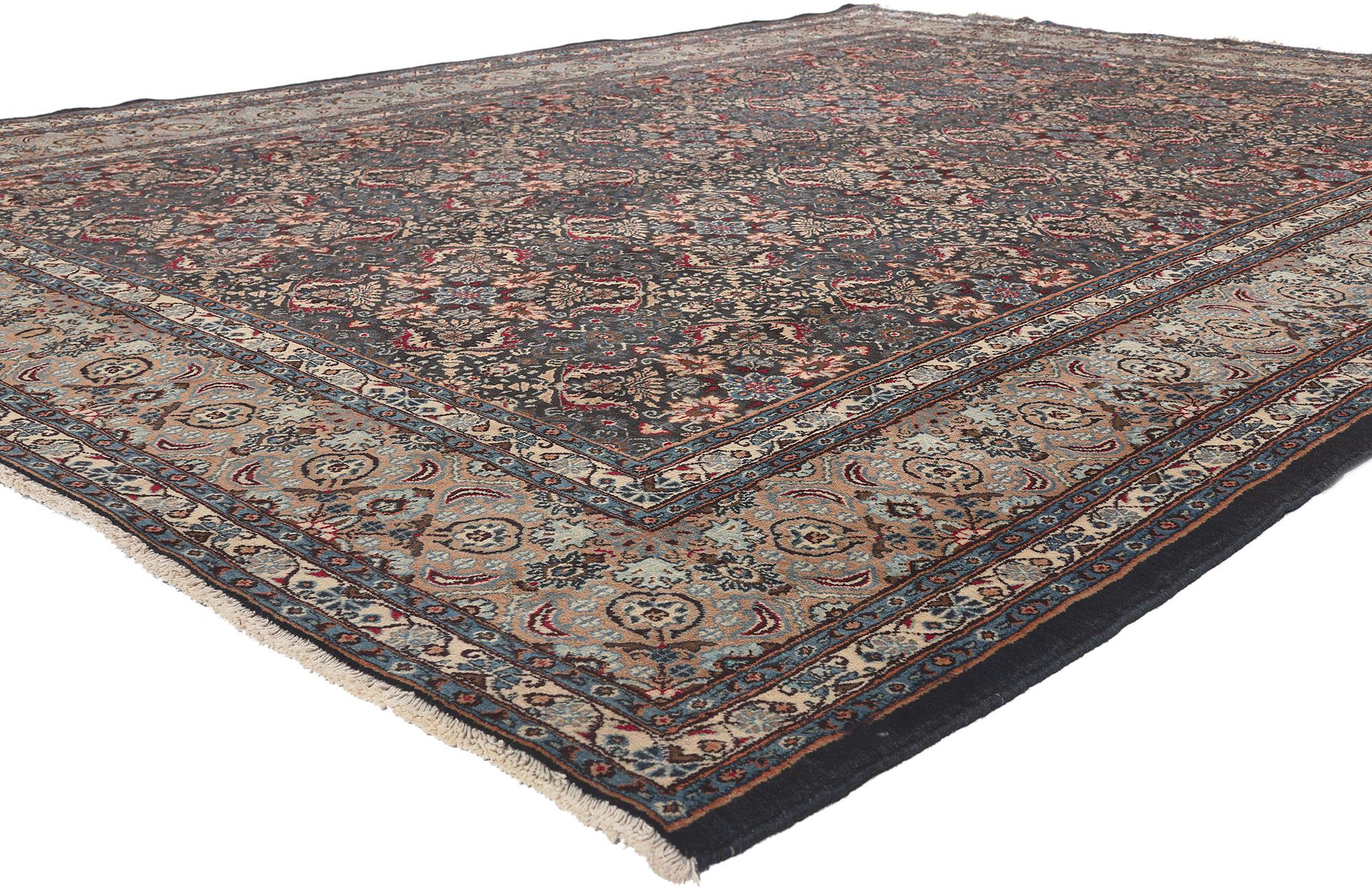 76188 Vintage Persian Mashhad Rug, 08'05 x 11'02.
Traditional sensibility meets regal enchantment in this hand knotted wool vintage Persian Mashhad rug. The stylish levels of complexity and refined color palette woven into this piece work together