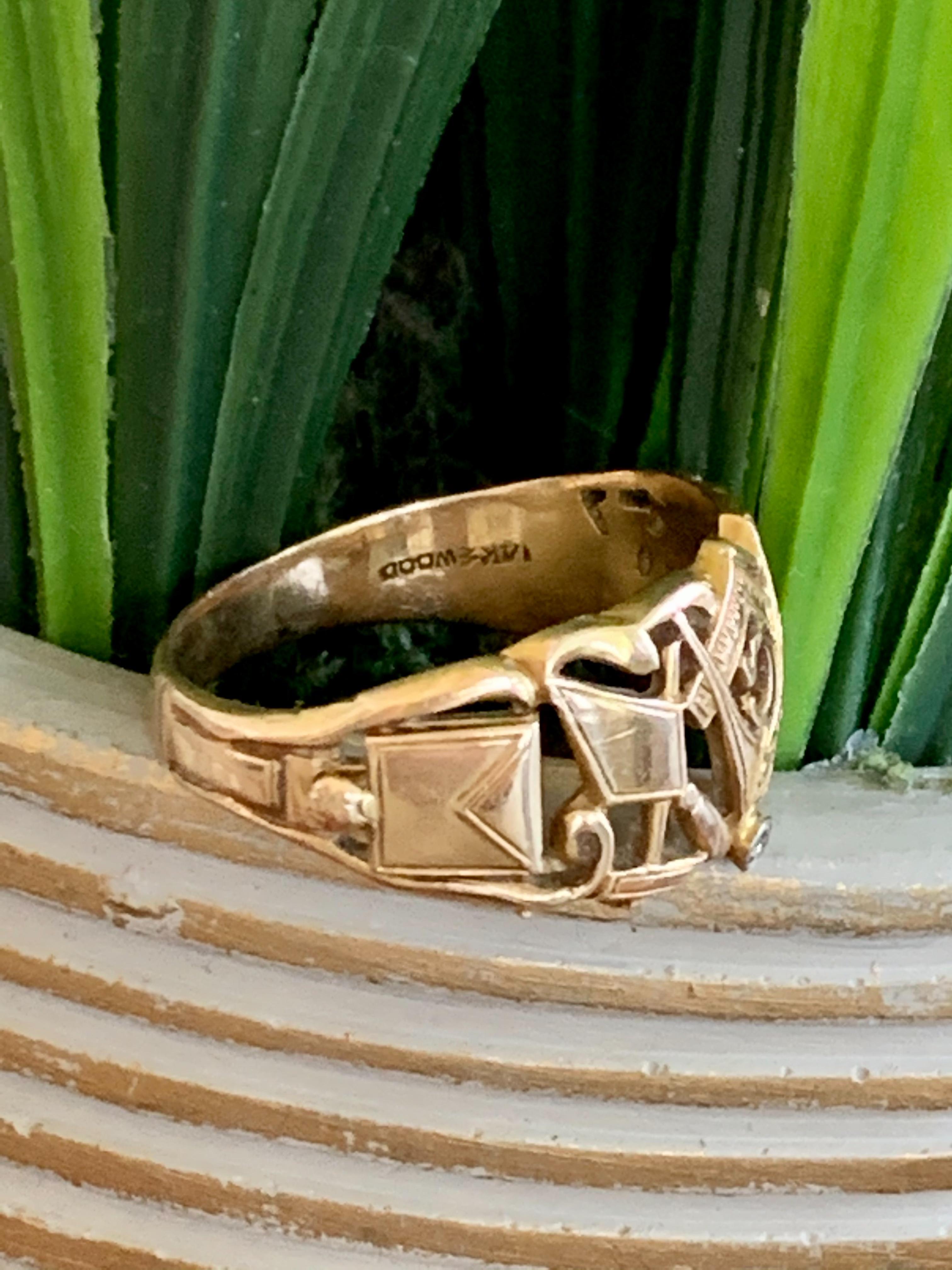 Round Cut Vintage Masonic 14 Karat Yellow Gold Ring with Diamond Accent